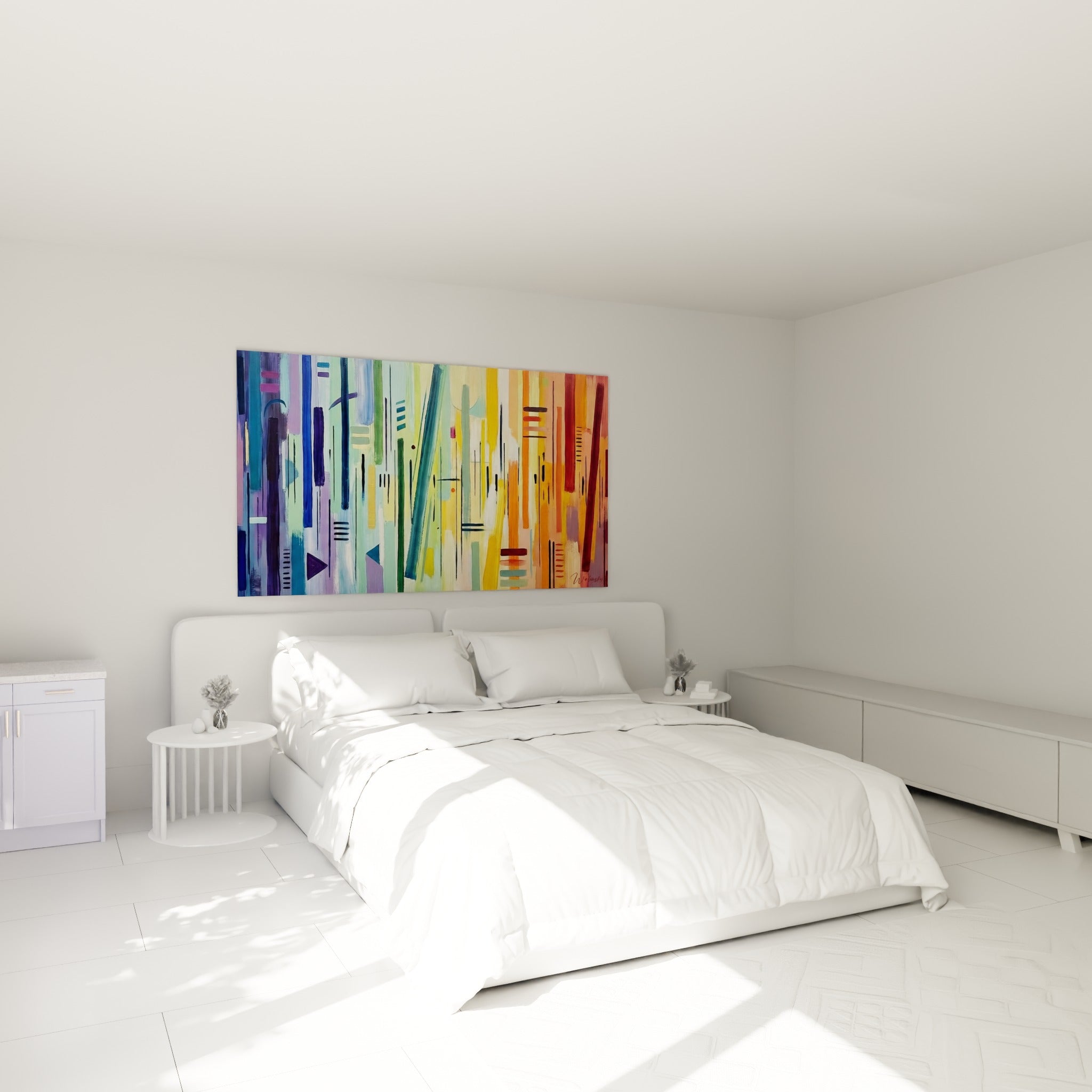 Composition colorée en bandes verticales bleu marine et terracotta, au-dessus d'un lit dans une chambre claire