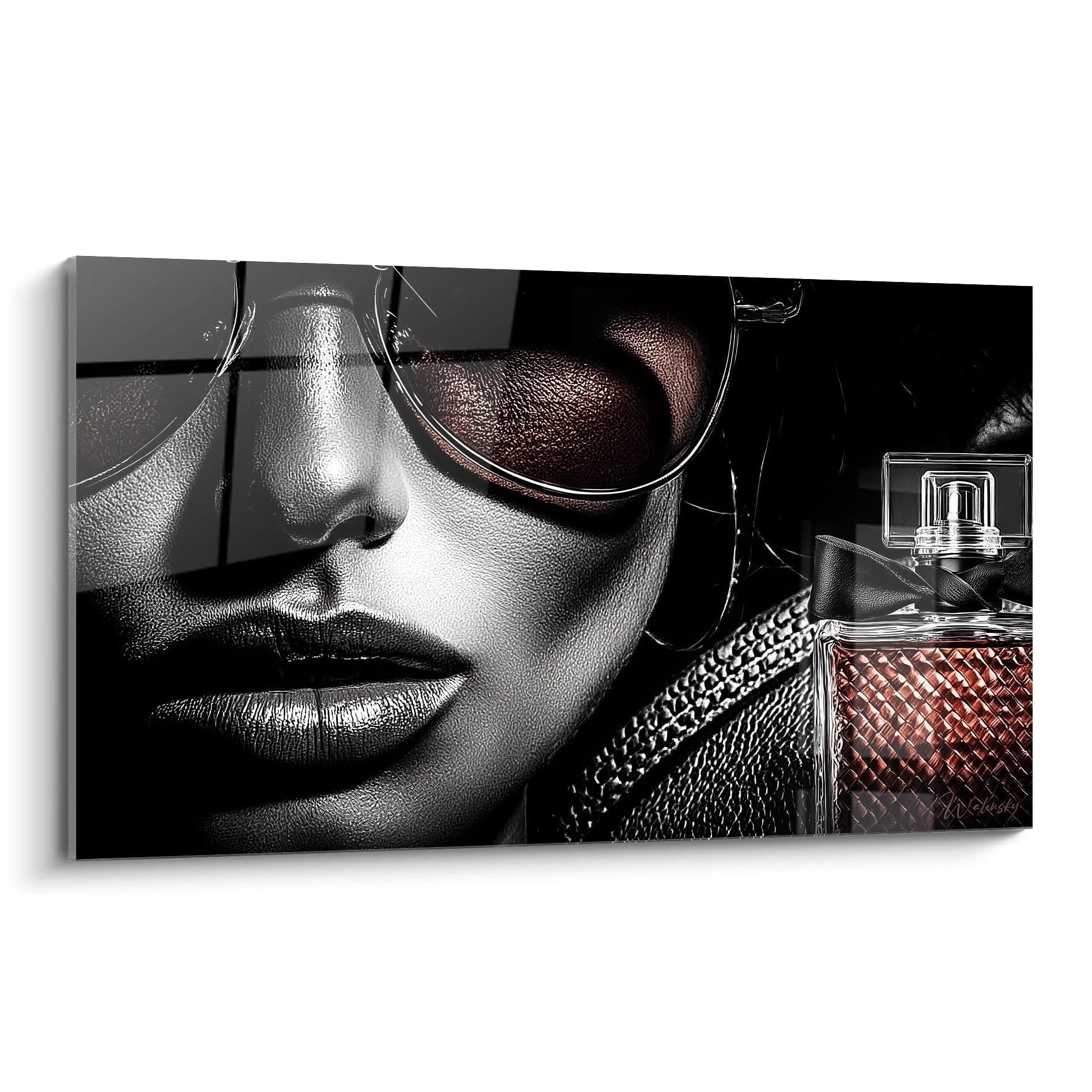 Tableau mural rétro accessoires de mode avec un visage féminin et un parfum en arrière-plan