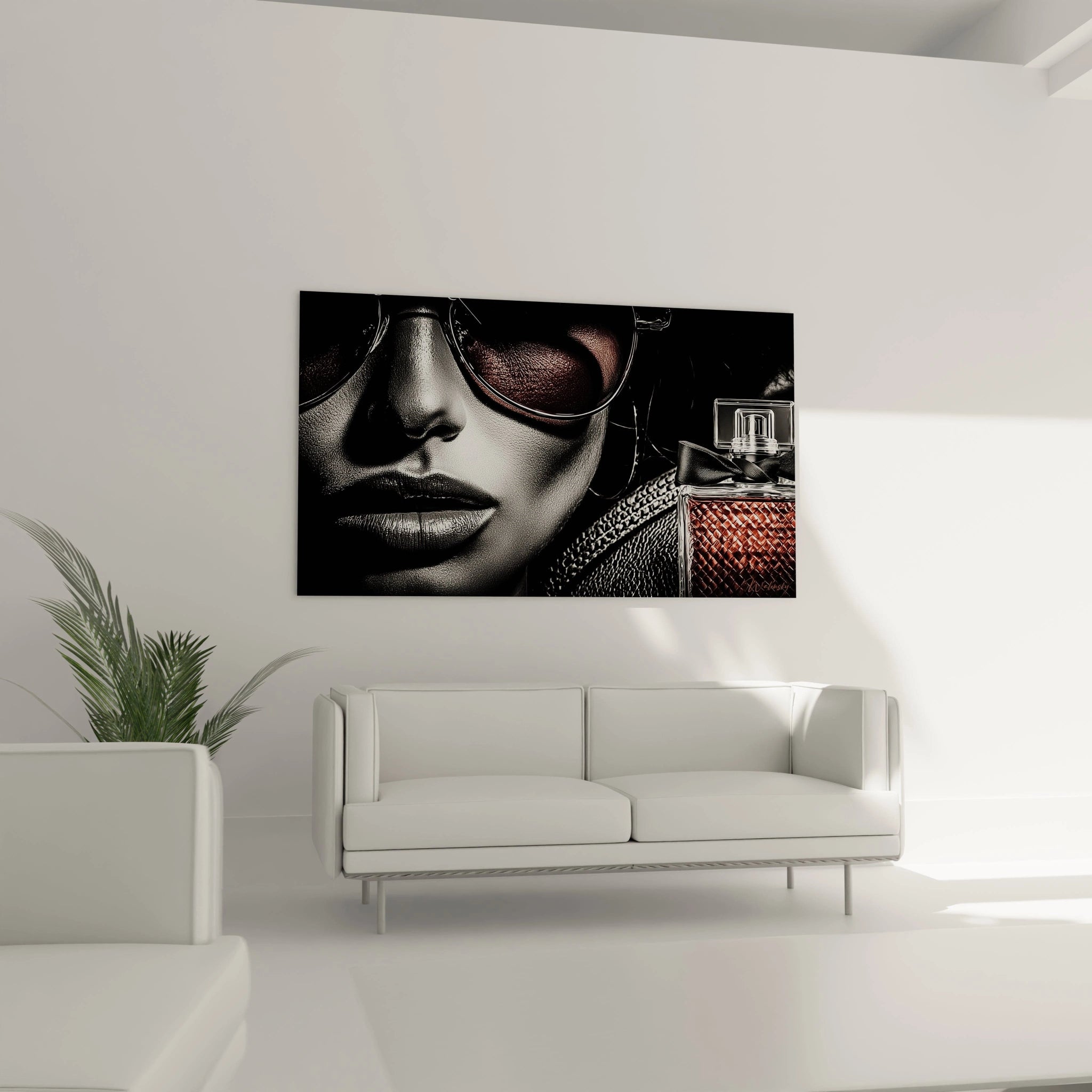 Tableau mural rétro accessoires de mode avec un portrait élégant portant des lunettes de soleil dans un décor moderne