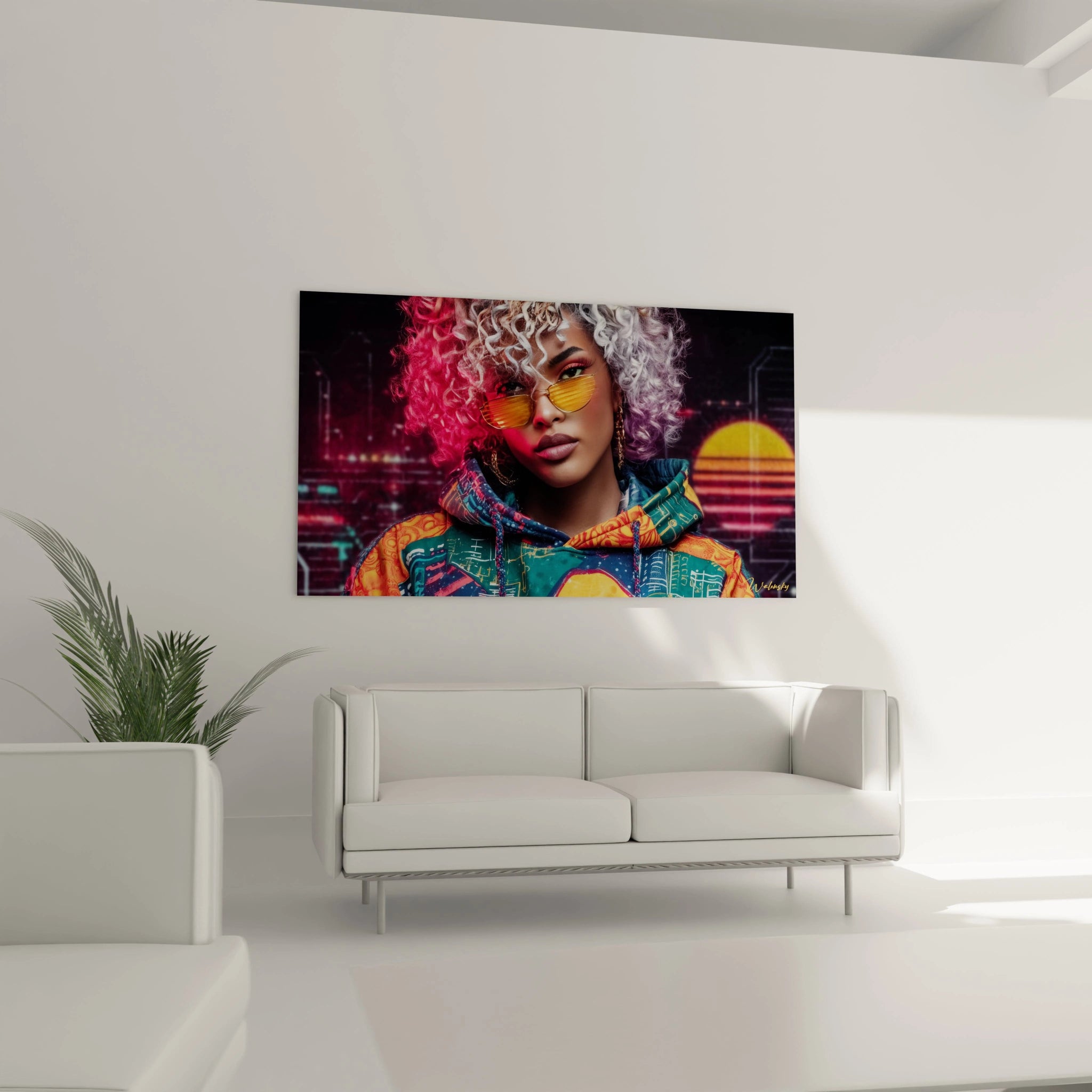 Tableau urbain streetwear de Walensky avec une femme au style moderne et coloré sur un mur blanc