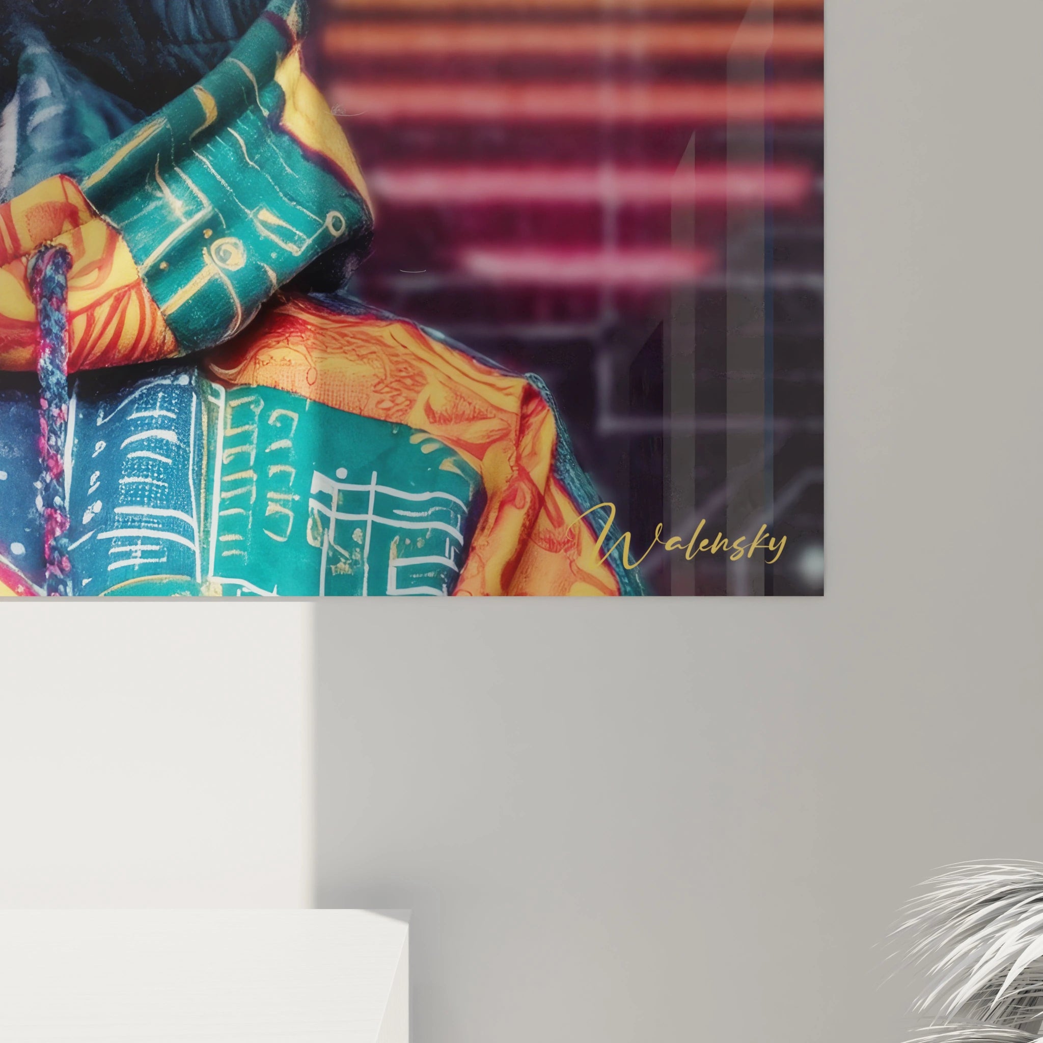 Tableau urbain streetwear Walensky avec des couleurs vives et un design moderne sur un mur blanc