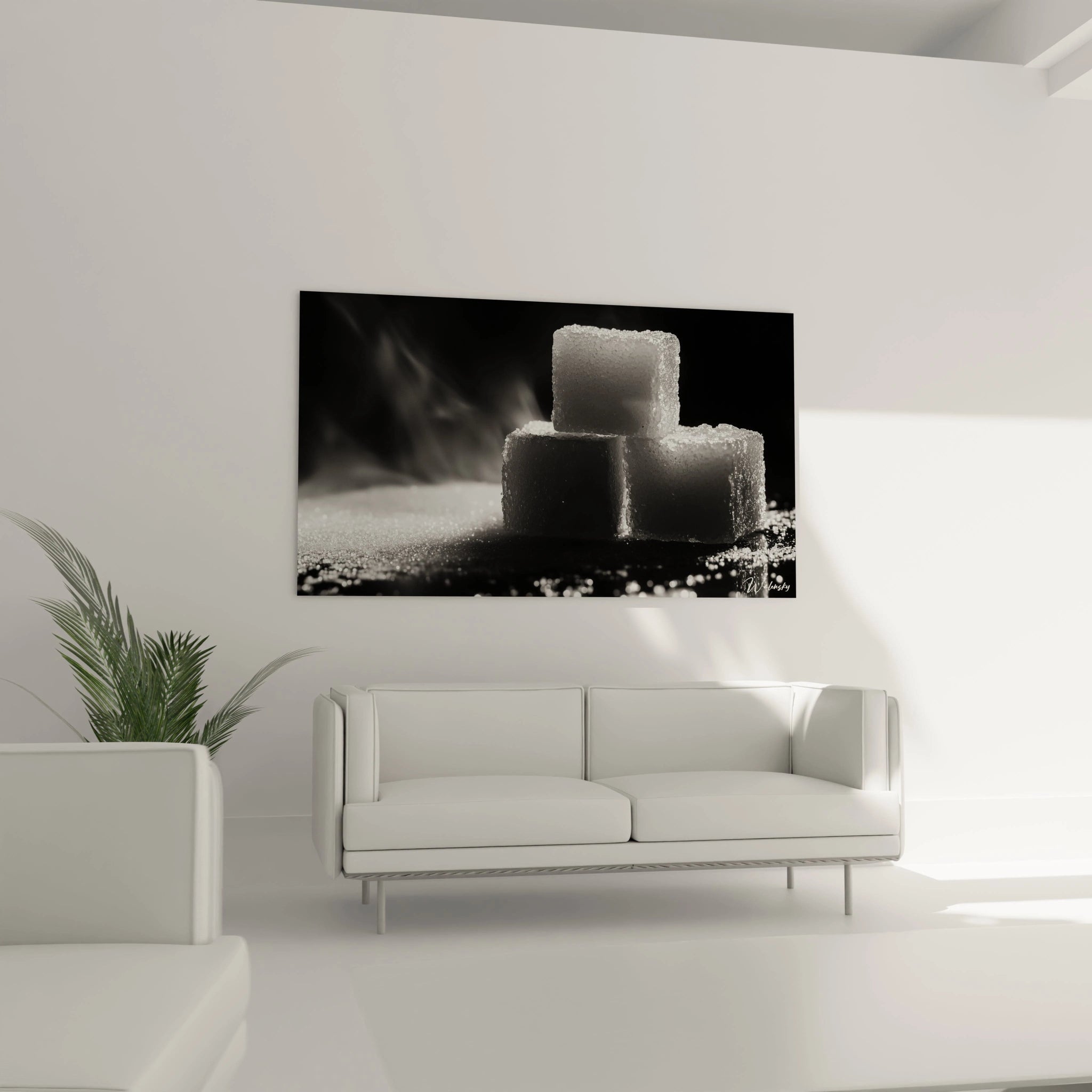 Un tableau sucre représentant des cubes de sucre en équilibre, entourés de grains éparpillés. L’éclairage met en avant les reliefs granuleux et le contraste entre la surface brillante et les ombres.