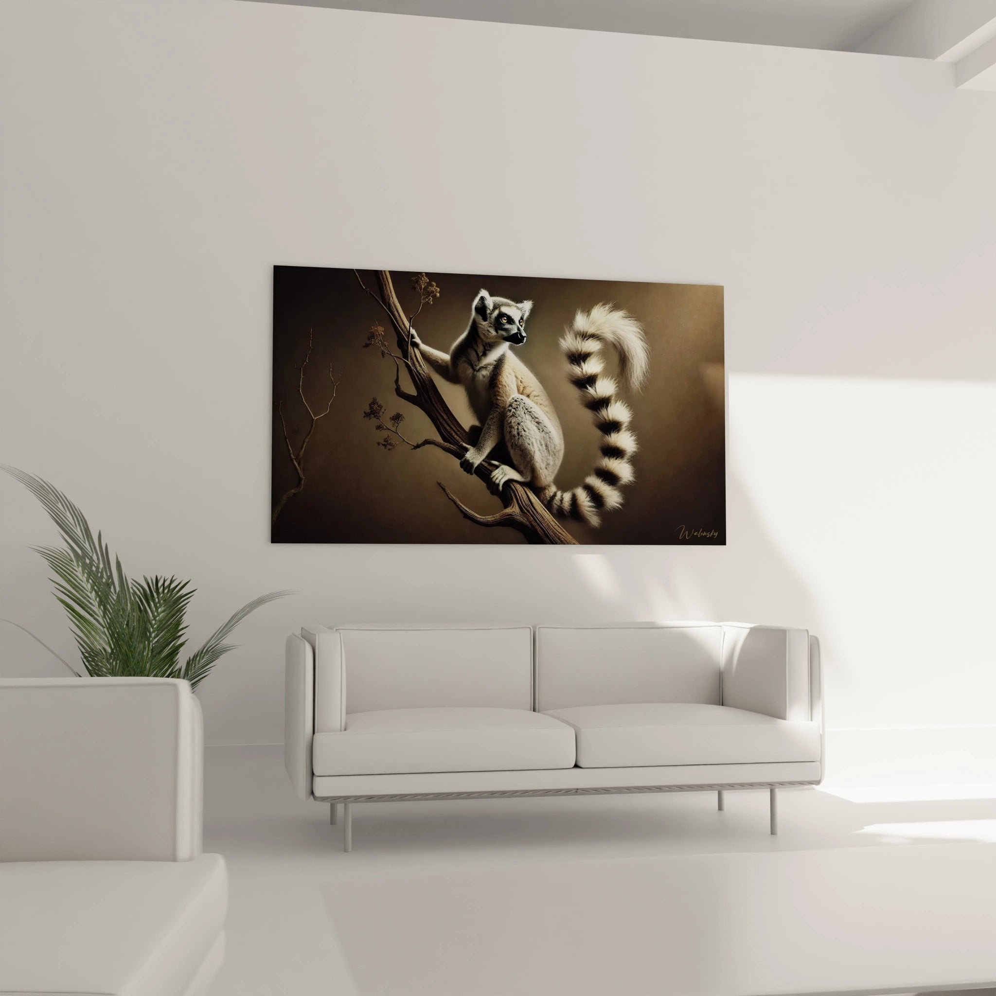 installez ce tableau lemurien au dessus du canape dans votre salon pour apporter une presence mysterieuse et elegante ses tons beiges et marrons s harmonisent parfaitement avec un decor moderne