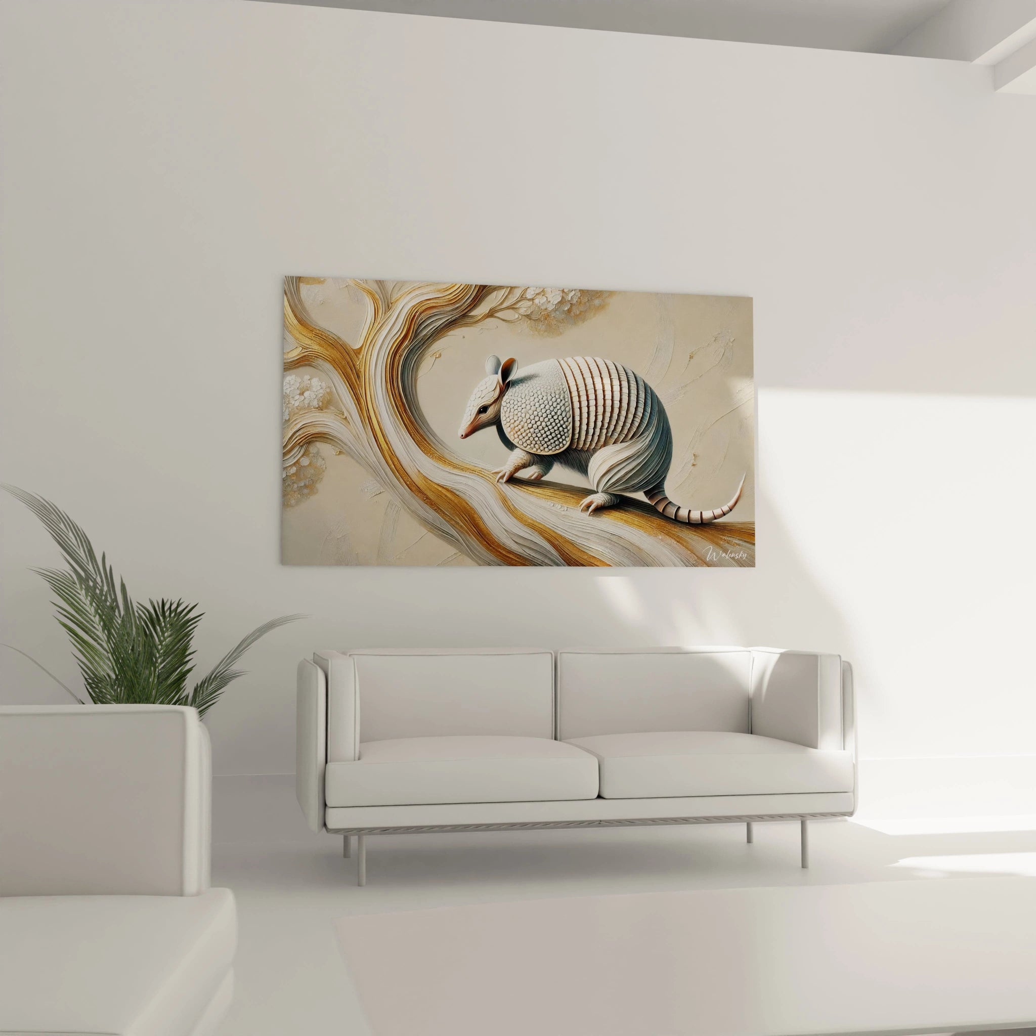 Dans un salon, le tableau tatou installe au dessus du canape invite a l introspection. Ses details hypnotiques et ses couleurs apaisantes beige or et blanc creent une ambiance chaleureuse et unique
