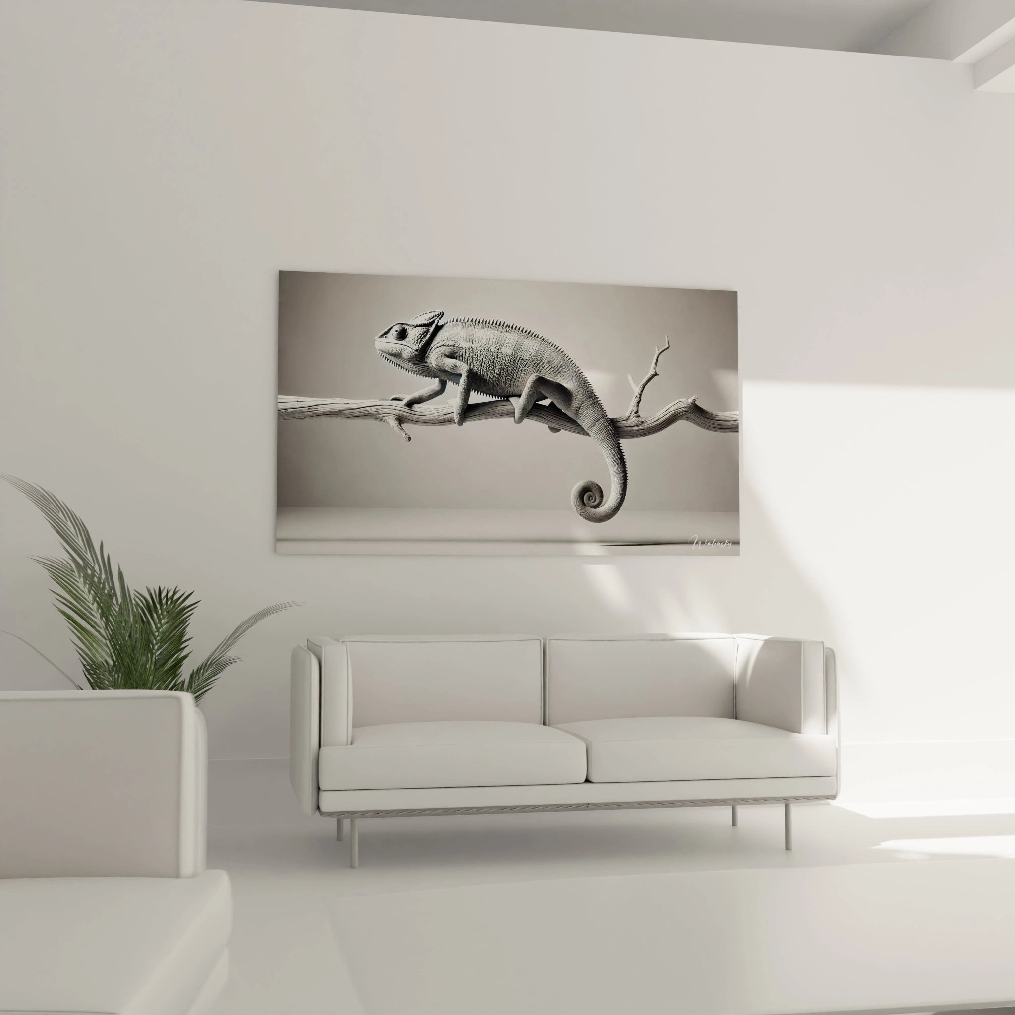 tableau caméléon accroché dans le salon apportant un charme discret au-dessus du canapé son design sculptural et ses tons neutres créent un espace serein et harmonieux idéal pour un intérieur élégant