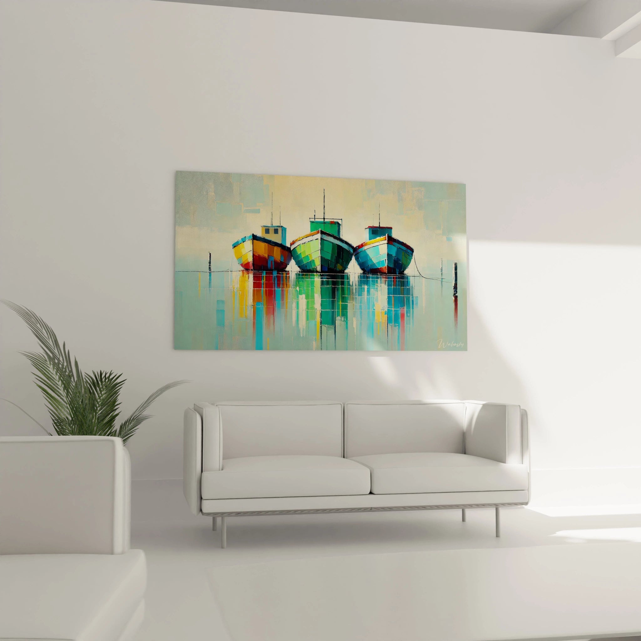 Tableau Marin accroché au mur au-dessus d'un canapé dans le salon. Les nuances multicolores évoquent un port paisible, ajoutant un sentiment de calme et d'évasion à la pièce.