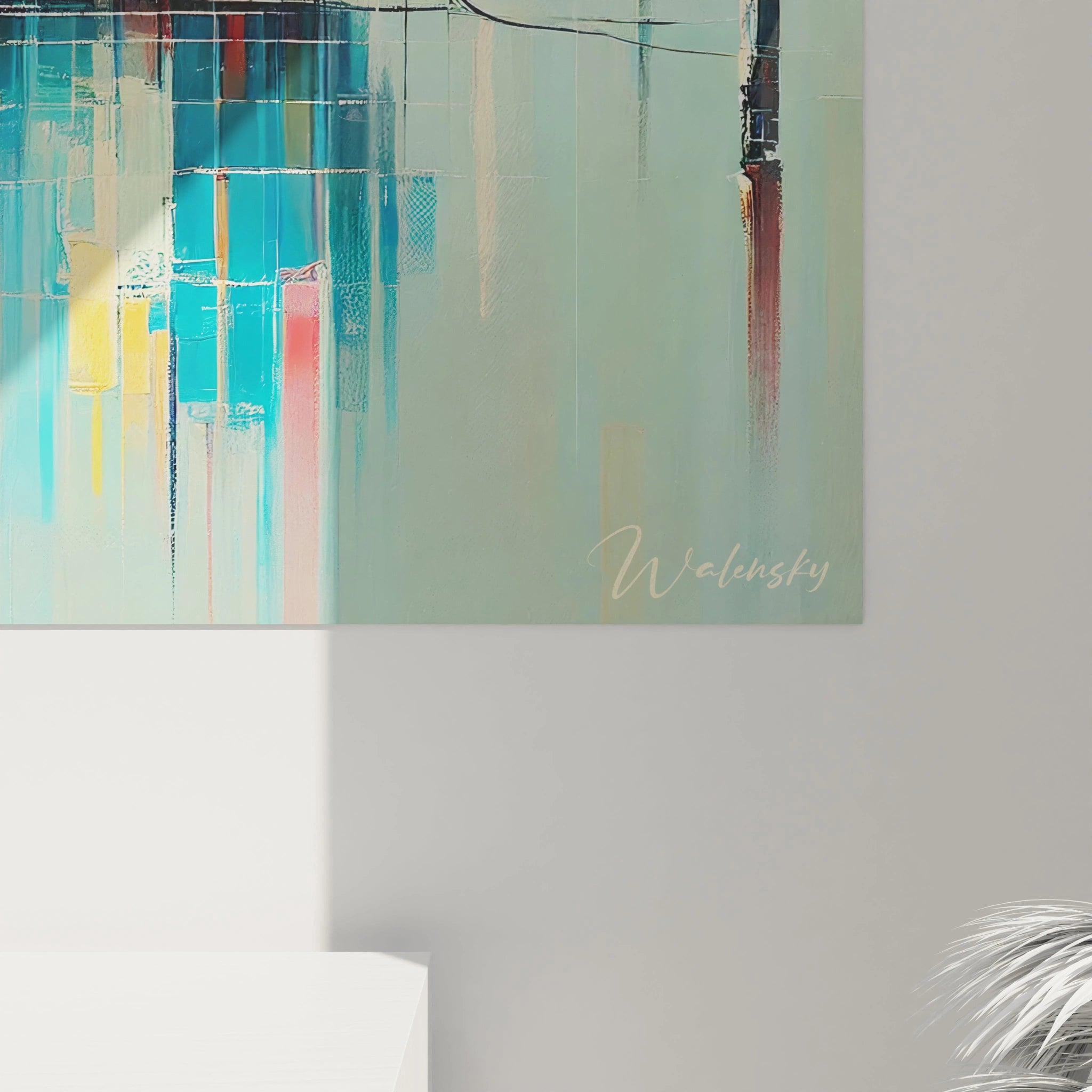 Vue de près du tableau Marin révélant les détails géométriques et couleurs vibrantes. Les reflets harmonieux des bateaux apportent chaleur et tranquillité, parfait pour un intérieur contemporain.