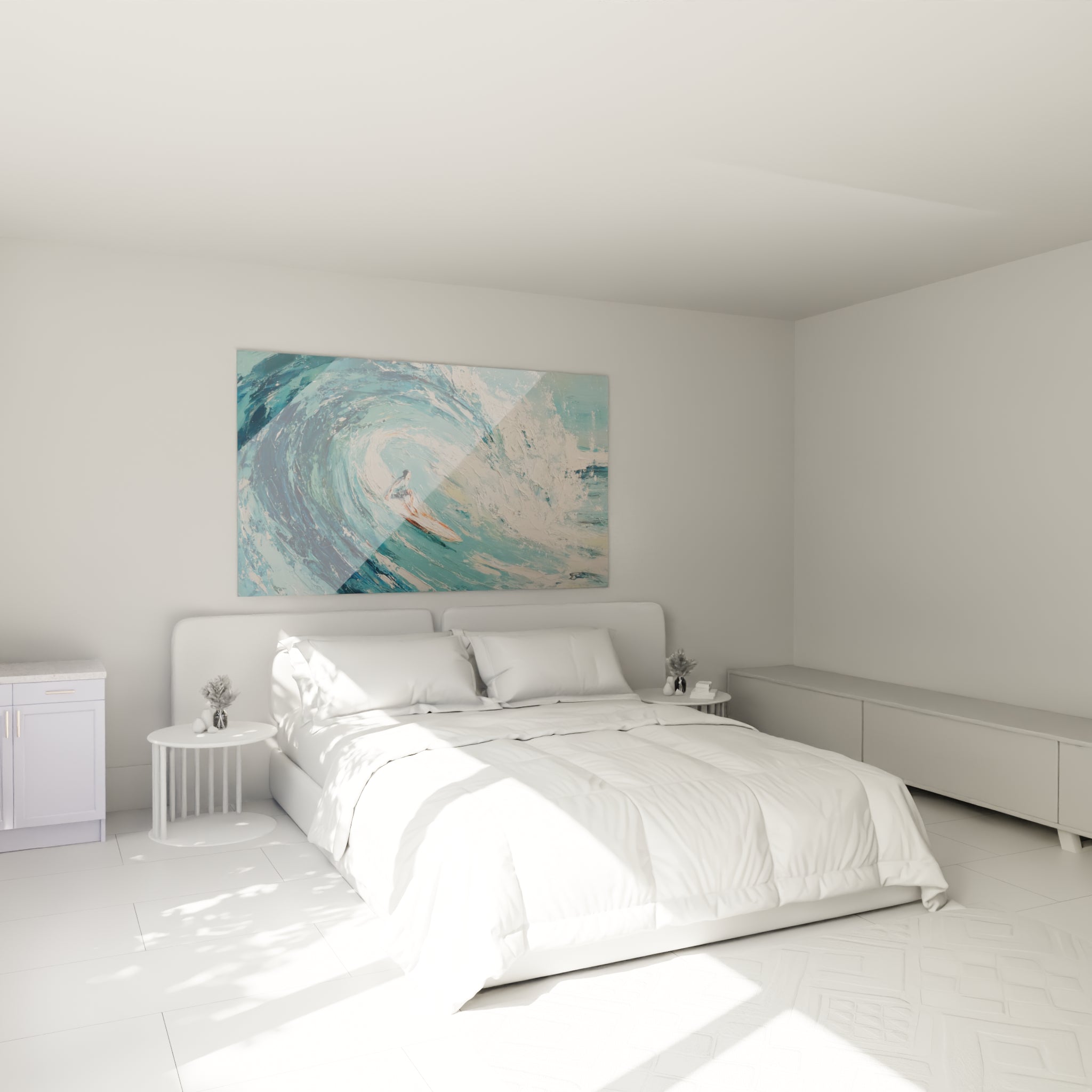 Vague bleu marine et écume blanche entourant un surfeur, au-dessus d'un lit dans une chambre claire