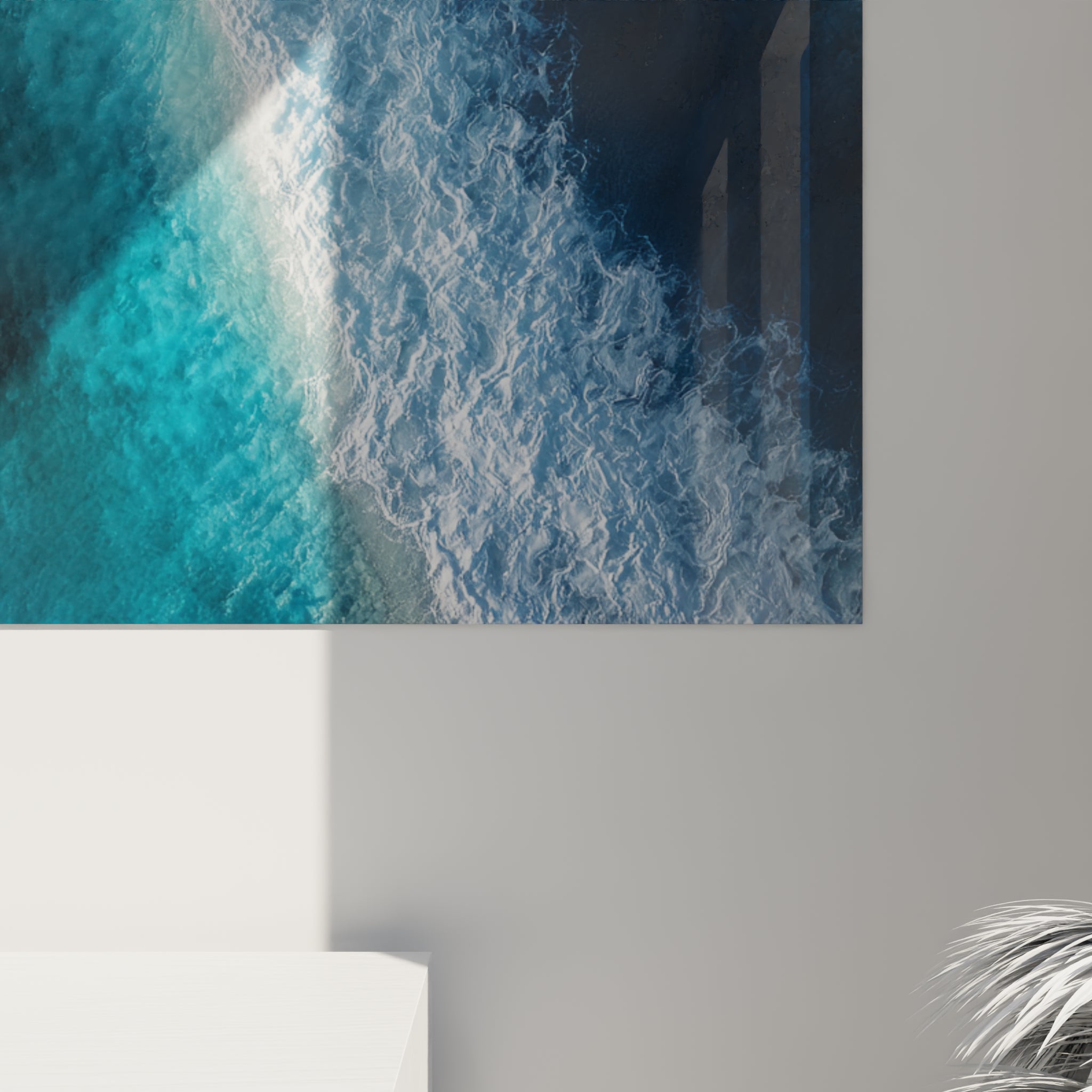 Détail de l'écume blanche et des reflets bleu turquoise sur la toile, grain et contrastes de l'impression visibles
