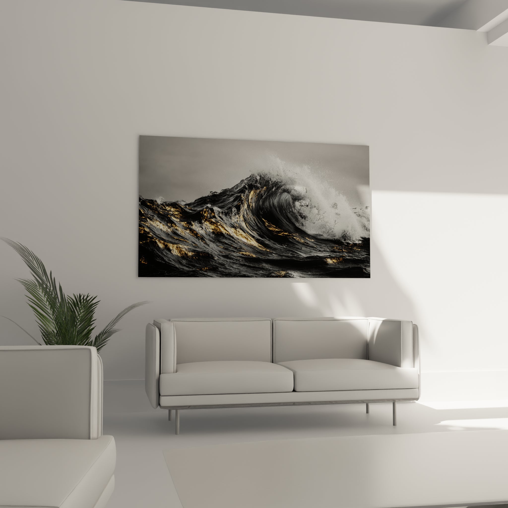 Crête d'écume blanche surplombant une eau noire scintillante d'or, au-dessus d'un canapé dans un salon lumineux