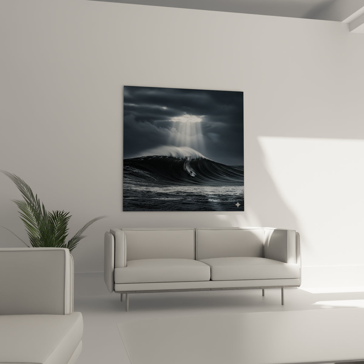 Silhouette du surfeur traversant une vague gris ardoise, au-dessus d'un canapé dans un salon lumineux