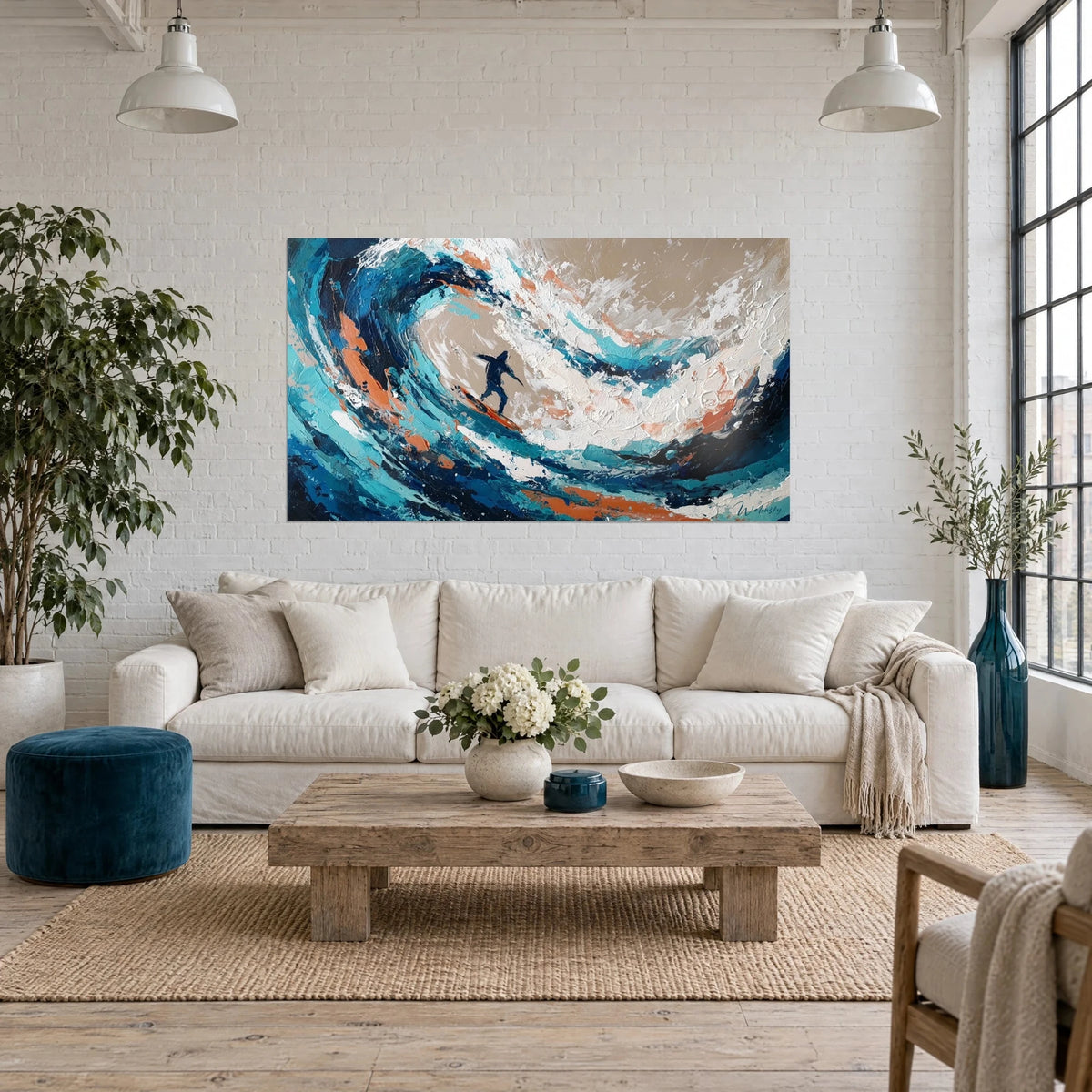 Gemälde Surfer als Silhouette im Meer in einer türkisfarbenen und orangefarbenen Wellenröhre, weiße Schaumkronen, über einem Sofa in einem hellen Wohnzimmer