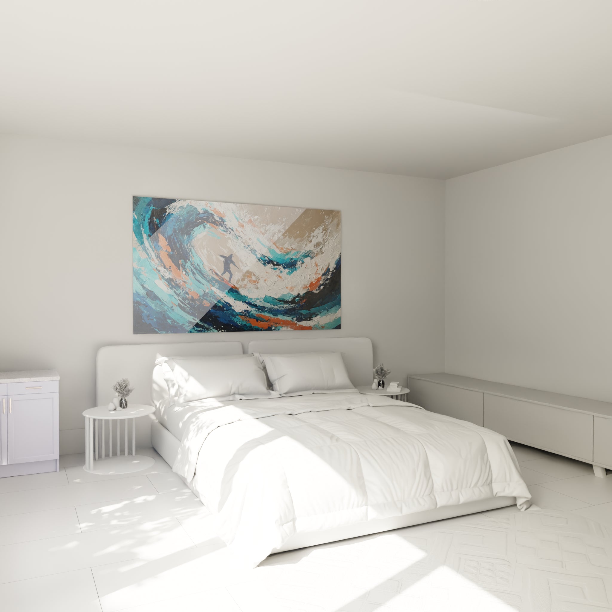 Vague turquoise et orange enroulée sur un surfeur, accrochée au-dessus d'un lit dans une chambre claire