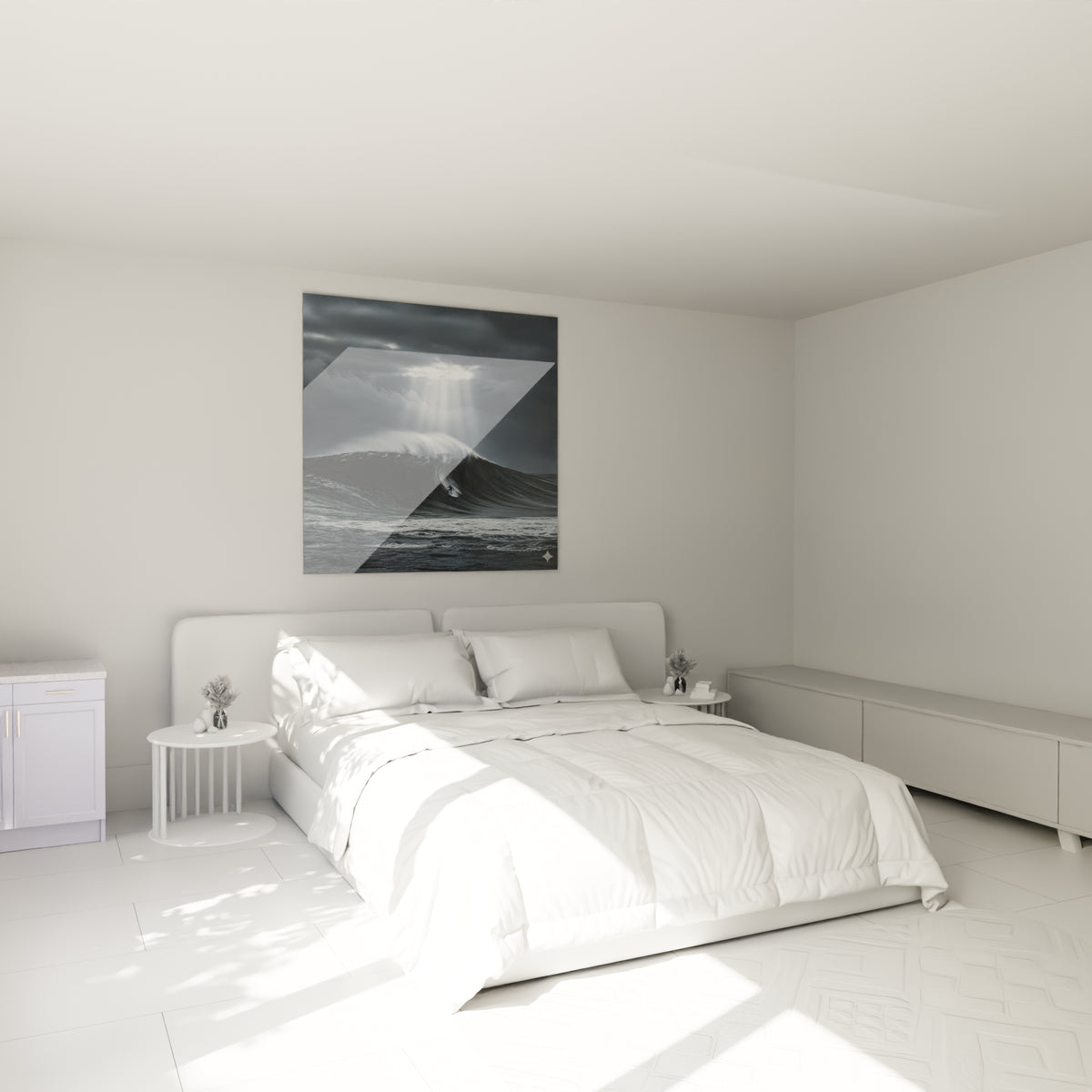 Vague anthracite et rayons de lumière argentés surplombant un surfeur, au-dessus d'un lit dans une chambre claire