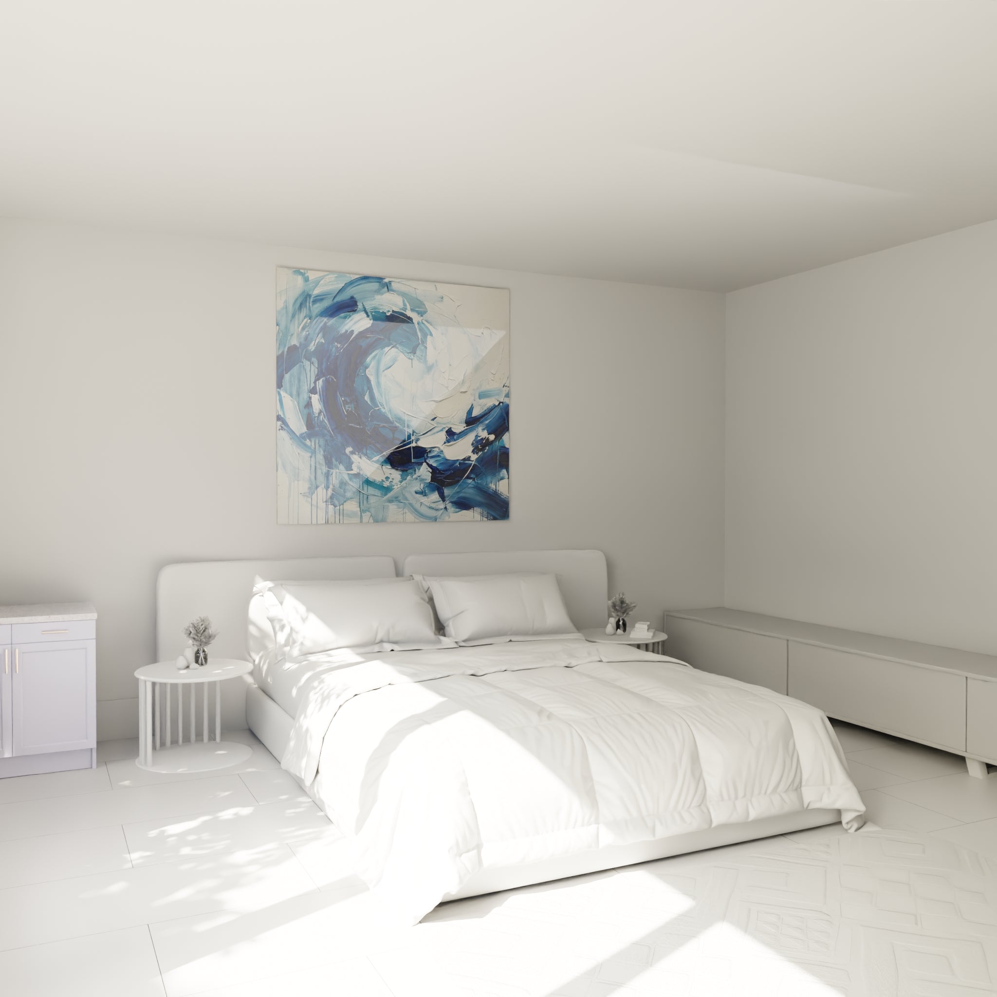 Spirale océanique bleu indigo et blanc cassé au-dessus d'un lit dans une chambre claire