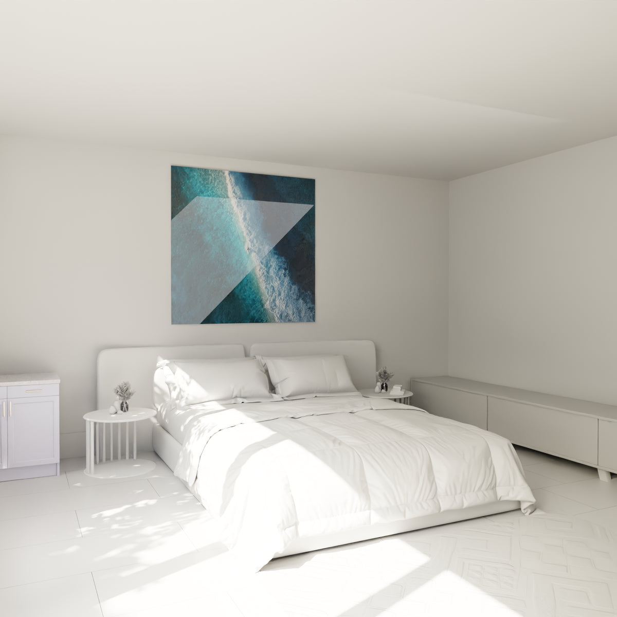 Silhouette de surfeur sur planche blanche face à une vague bleu marine, au-dessus d'un lit dans une chambre claire