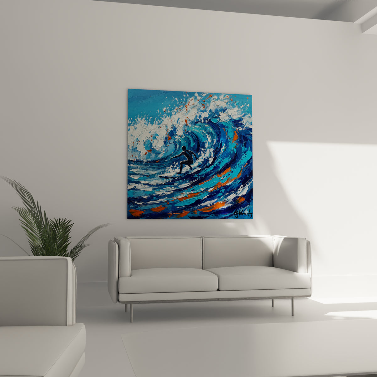 Surfeur en équilibre dans une vague bleue tourbillonnante, suspendu au-dessus d'un canapé dans un salon lumineux