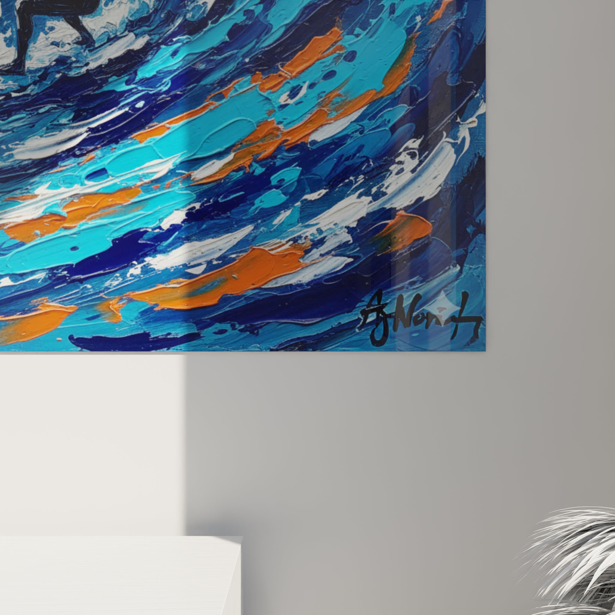 Empâtements épais de bleu marine et turquoise laissent voir les coulures orange et le grain de la peinture au couteau