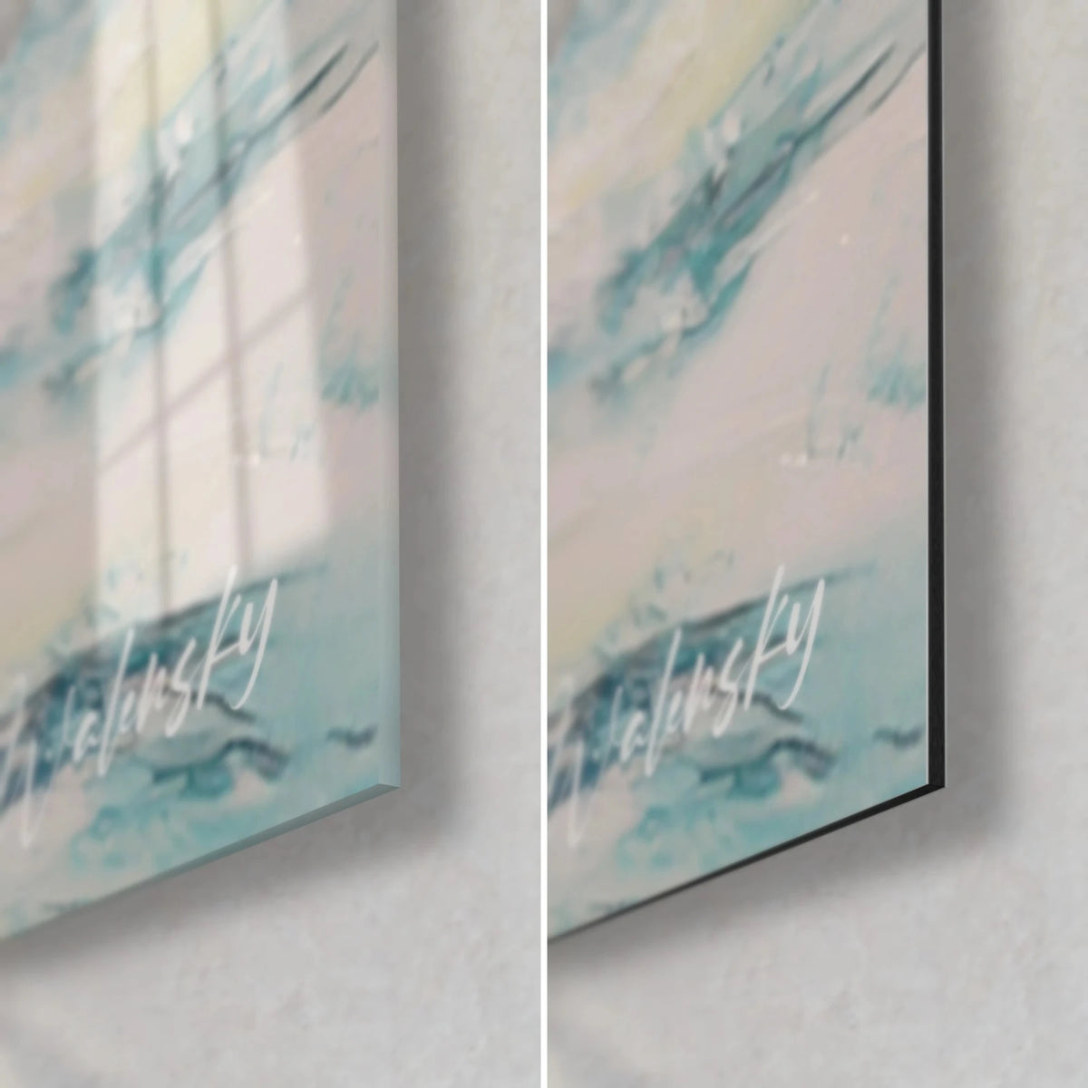 Wall art surfer on a red and white board, bottom right corner: glossy glass on the left, matte Dibond on the right, 3 mm edge