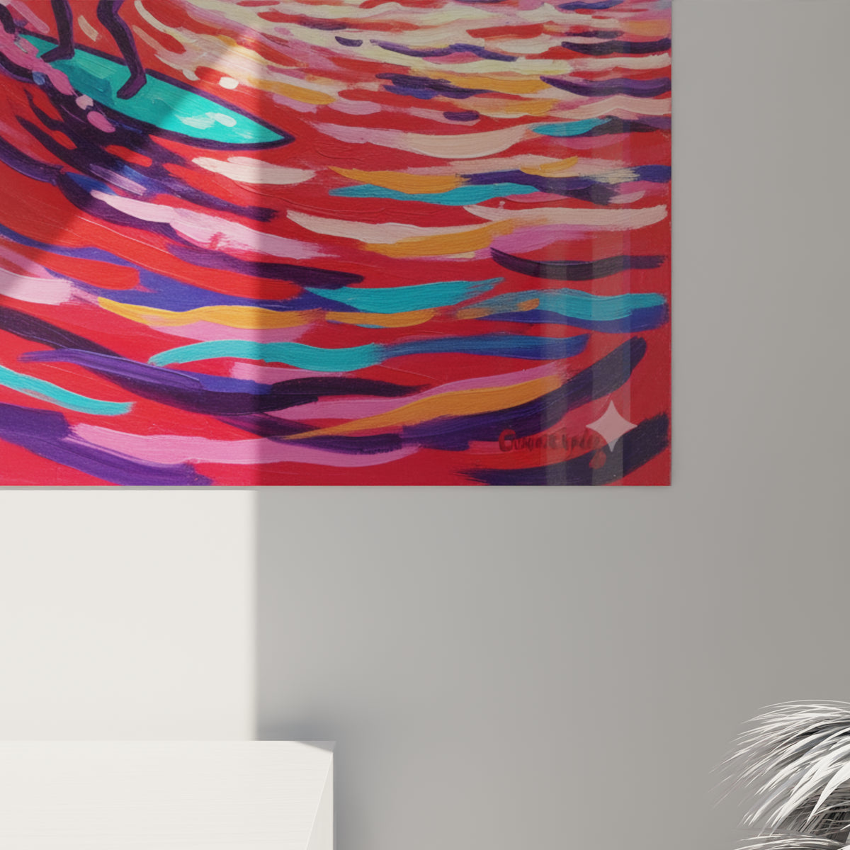 Empâtements colorés en rouge, rose et turquoise détaillant la texture peinte de la vague du tableau Surf