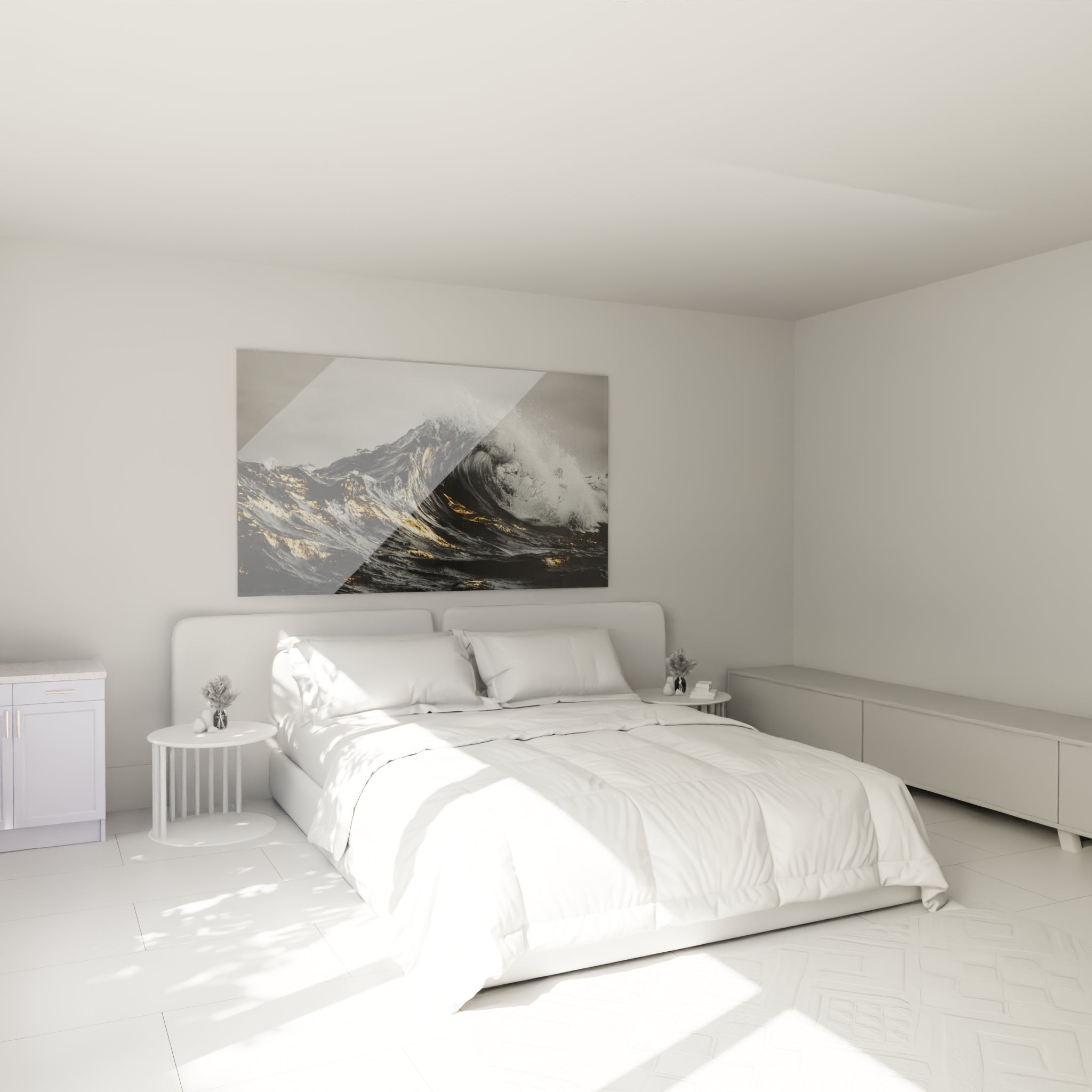 Déferlante anthracite aux reflets dorés accrochée au-dessus d'un lit dans une chambre claire