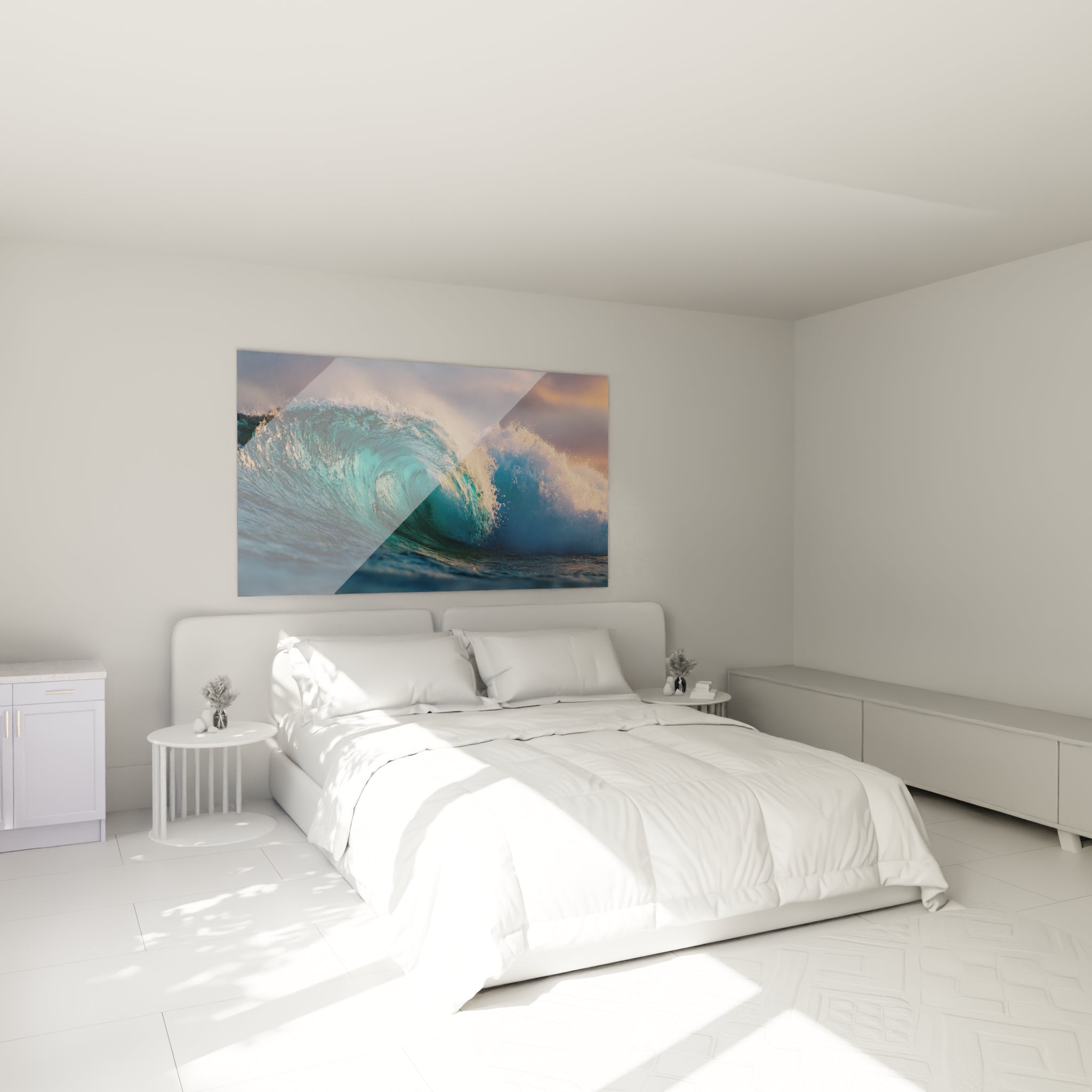 Écume blanche et vague turquoise Surf accrochées au-dessus d'un lit dans une chambre claire