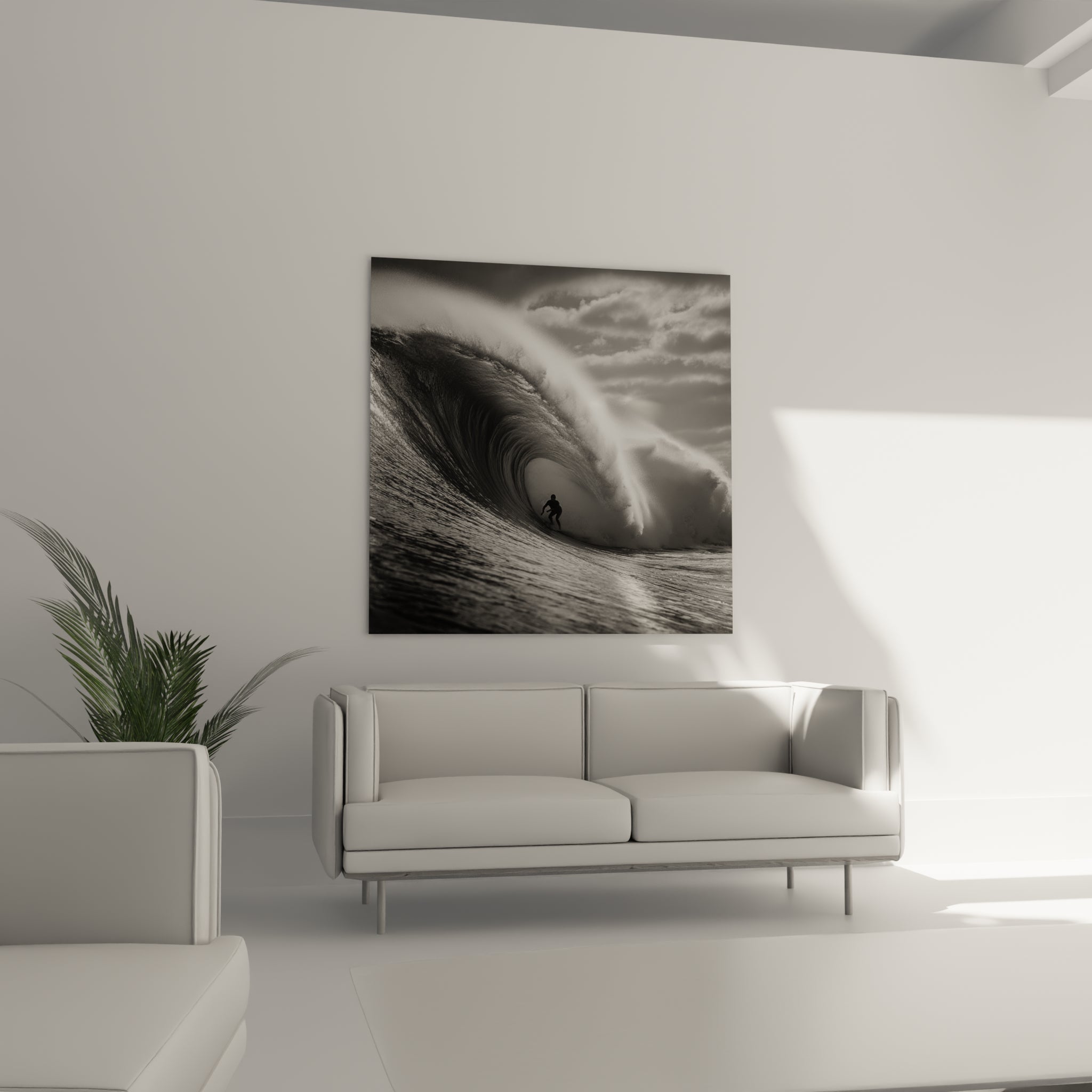 Tube géant gris et blanc encerclant un surfeur minuscule, tableau accroché au-dessus d'un canapé dans un salon lumineux