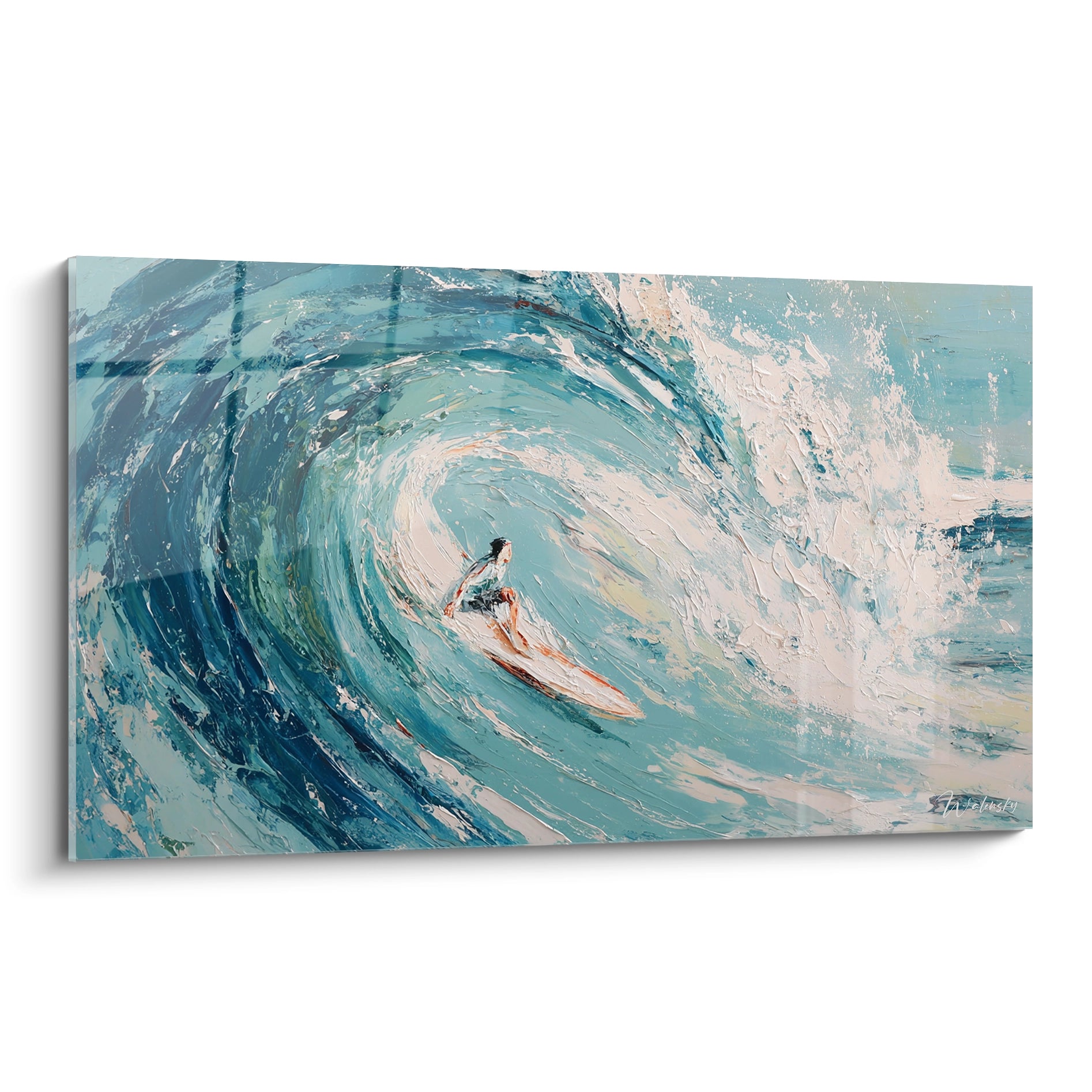 Surfeur glissant dans une vague bleu turquoise et blanche, texture peinte au couteau intense