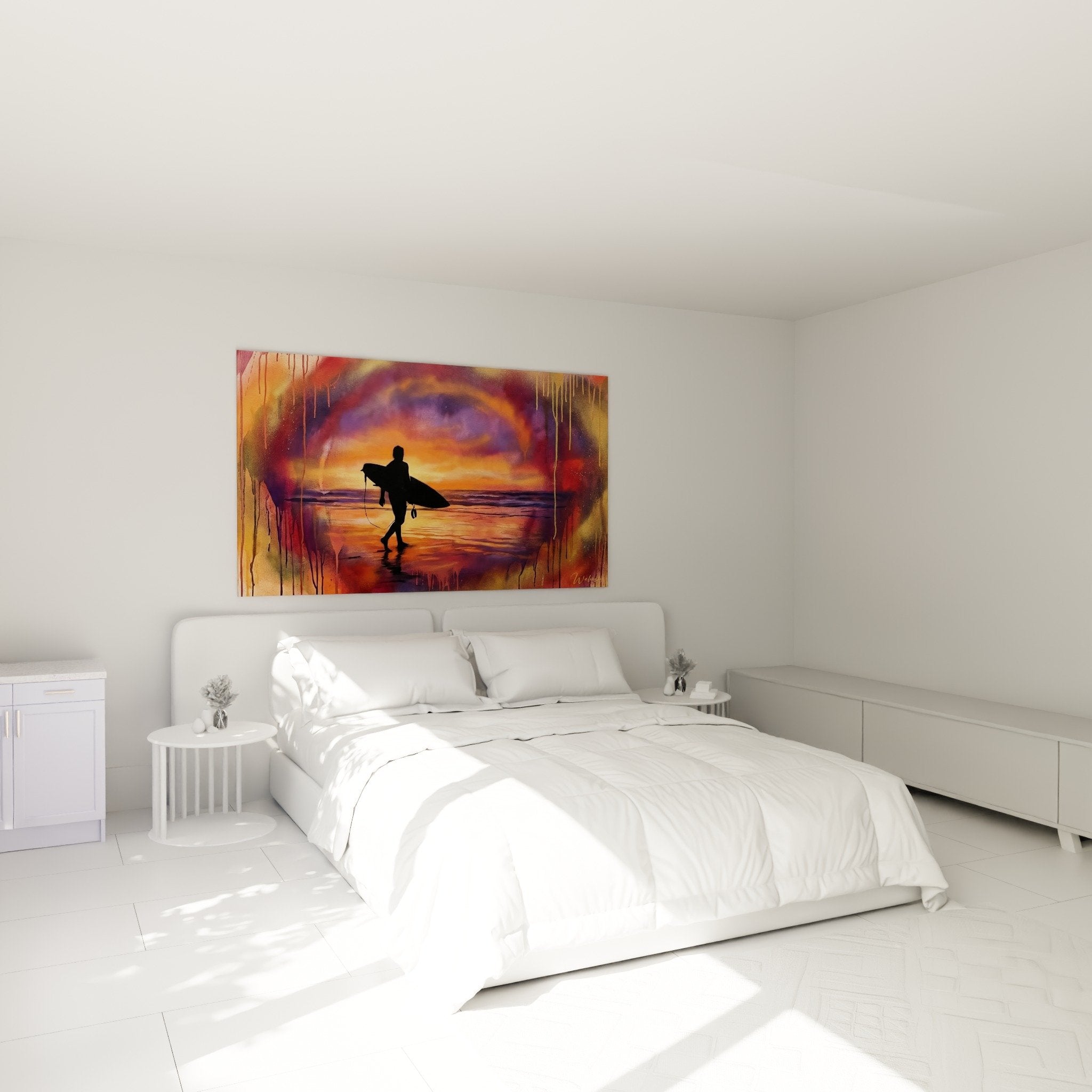Tableau surfeur coucher soleil orange violet decoration chambre ambiance tropicale zen Bali