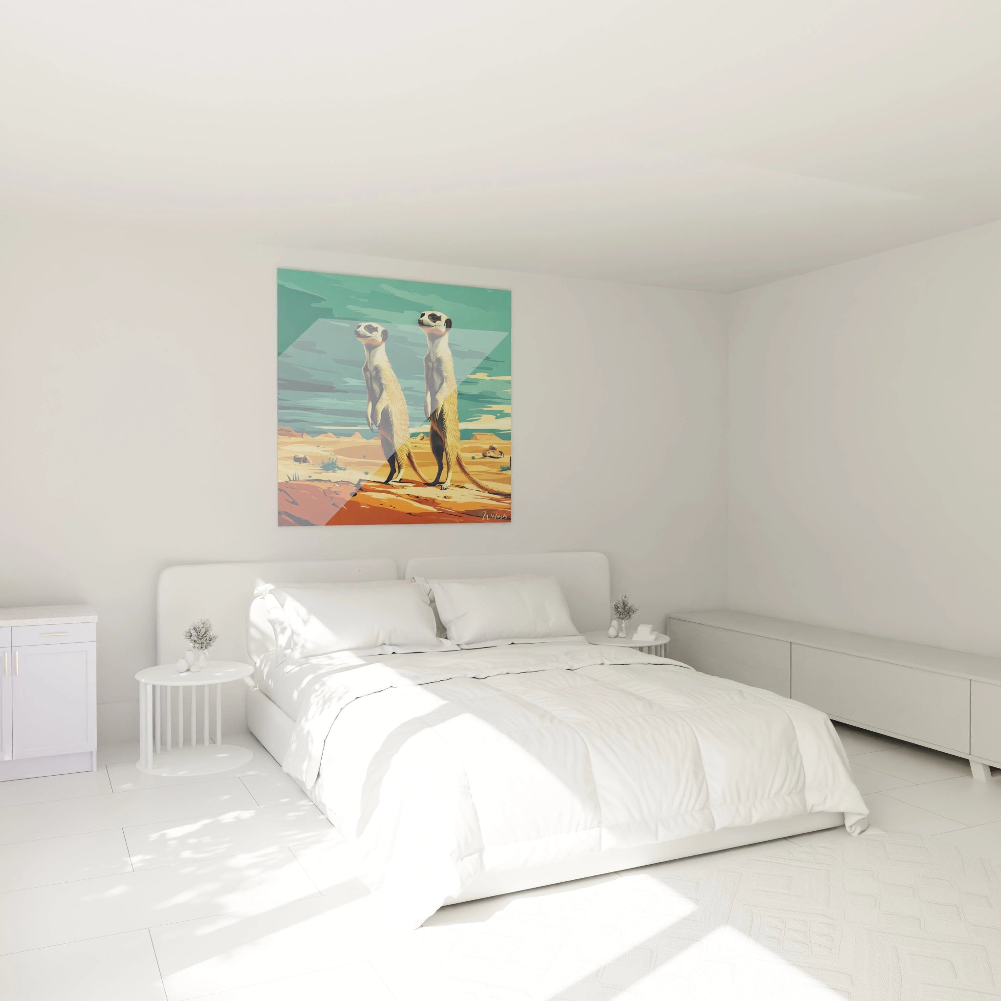 Tableau suricate coloré Walensky accroché au-dessus d'un lit blanc dans une chambre moderne et lumineuse