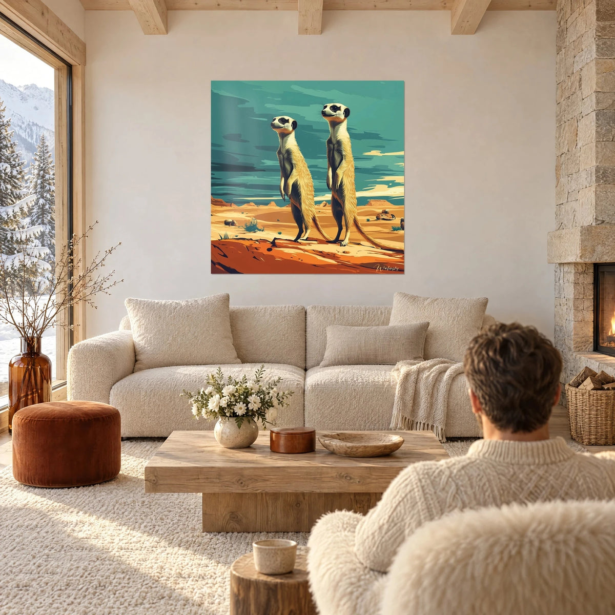 Tableau deux suricates dressés sur un rocher orange, ciel turquoise, face à un couple, au-dessus d'un canapé dans un salon lumineux