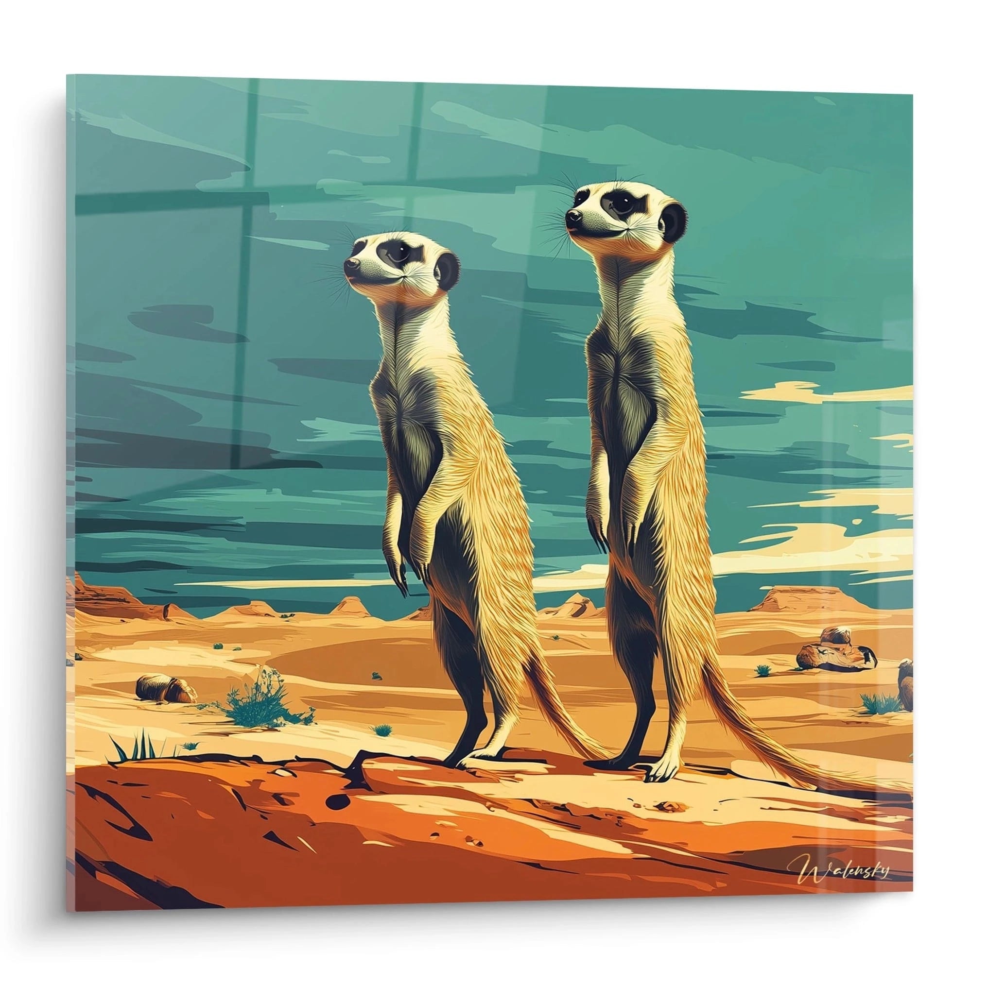 Tableau suricate Walensky représentant deux suricates debout dans un paysage désertique coloré