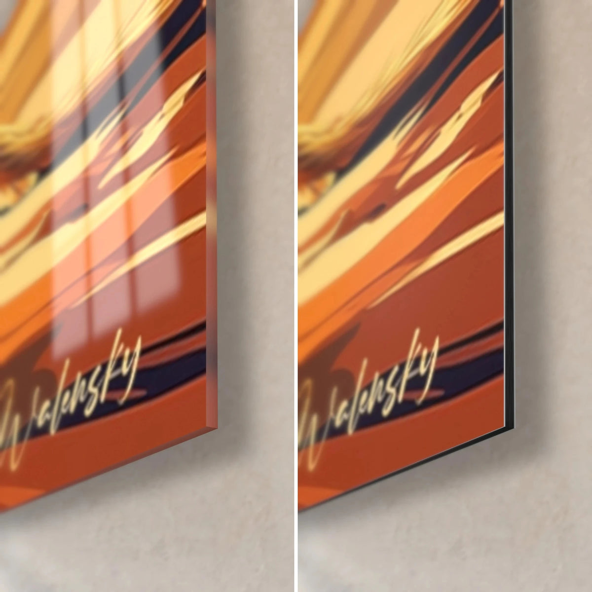 Tableau suricates dressés, coin bas droit : orange et turquoise brillants sous verre acrylique, Dibond mat, tranche de 3 mm