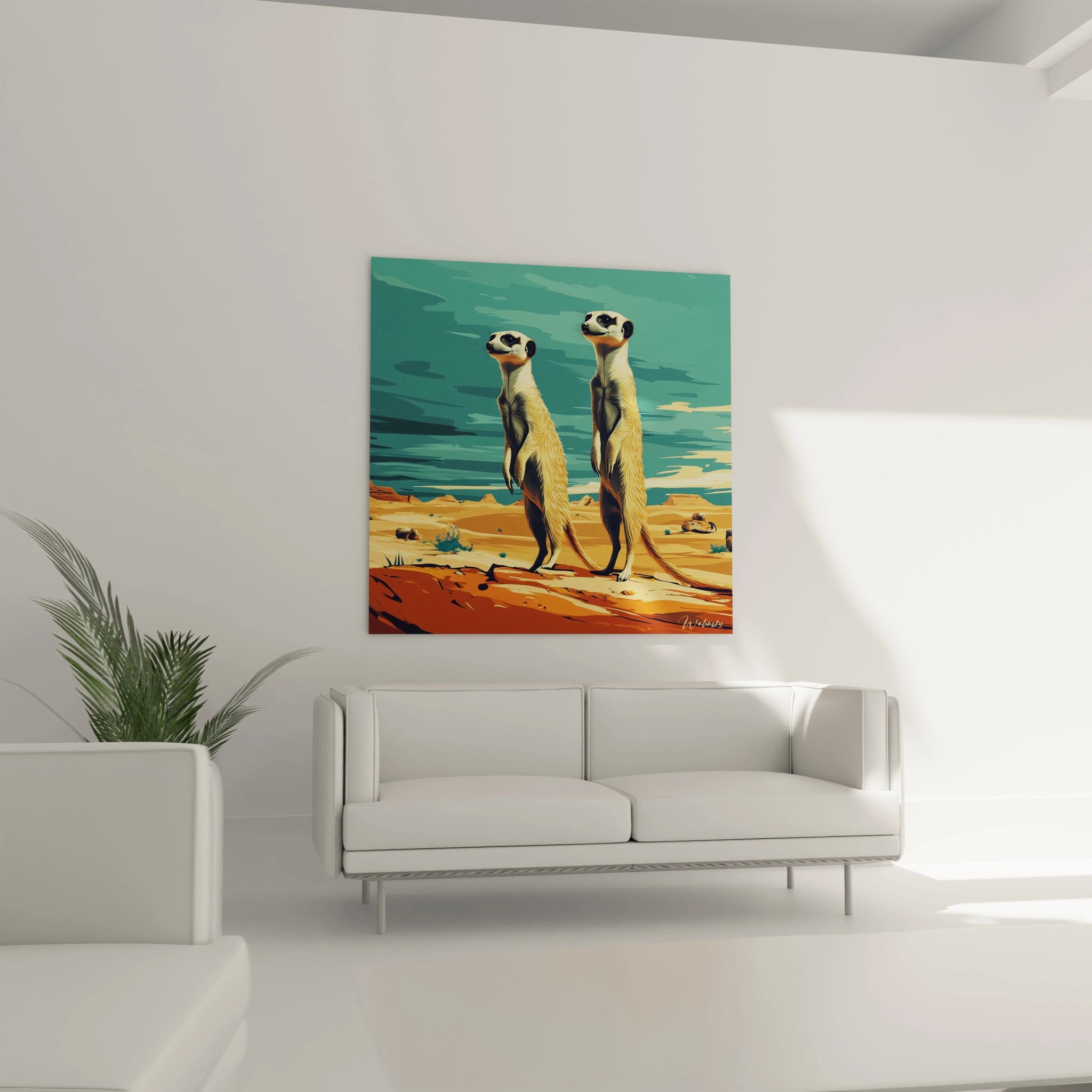 Tableau suricate Walensky représentant deux suricates debout dans un désert coloré accroché au mur d'un salon moderne