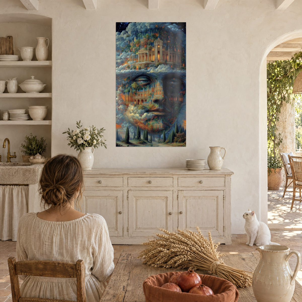 Quadro maschera di nuvole e palazzi illuminati, verde profondo e ruggine, un gatto bianco accanto alla credenza della cucina del mas