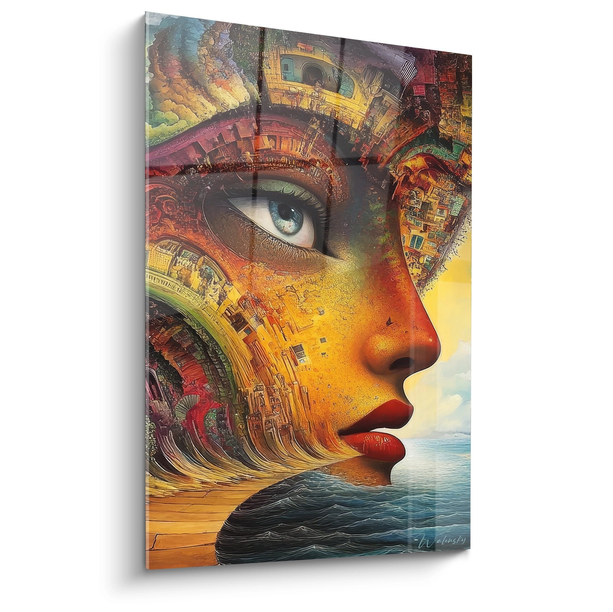 Tableau surréaliste abstrait visage féminin architecture colorée métamorphose urbaine art mural contemporain