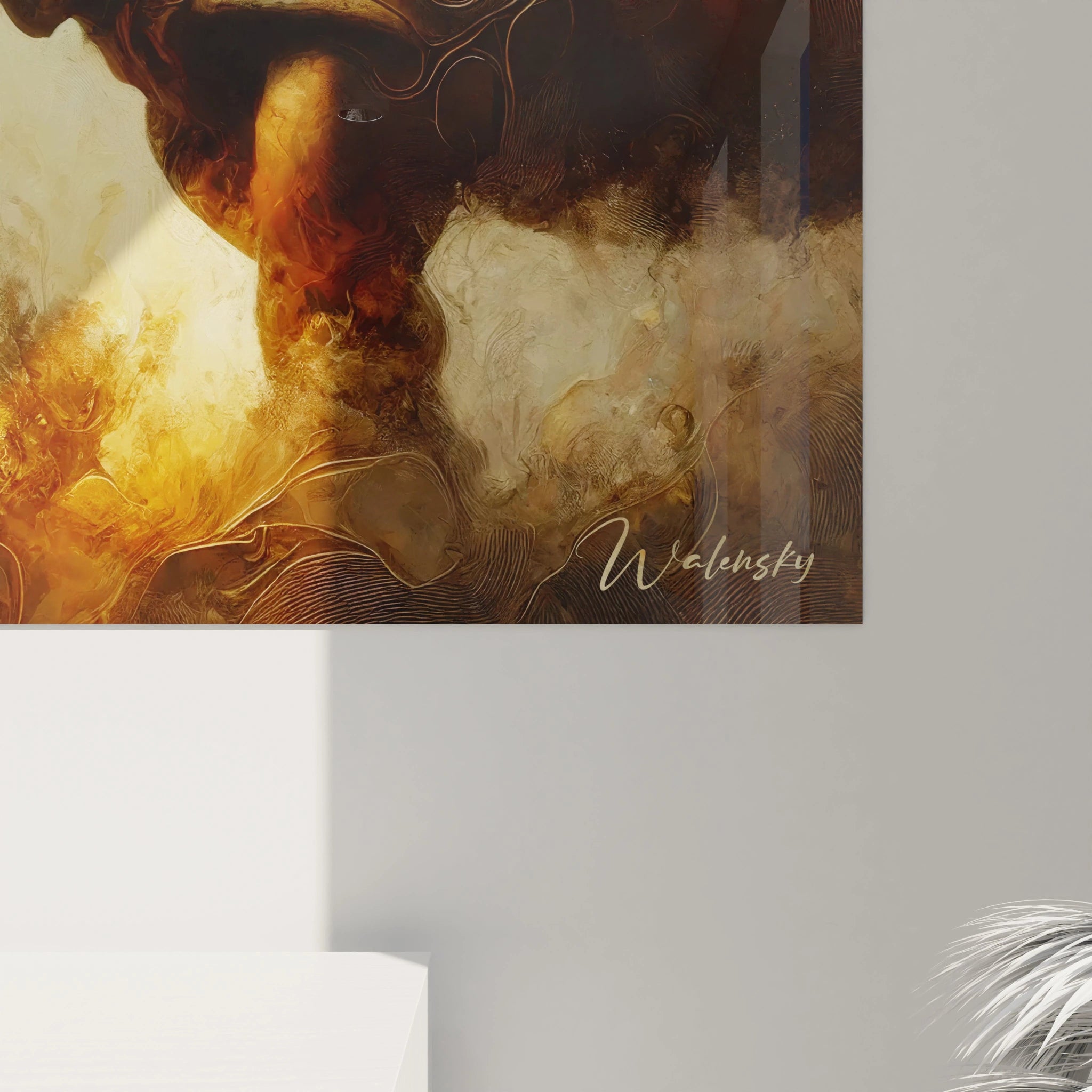 Vue de près, ce tableau rhinoceros révèle une richesse de détails, fusionnant l'animal et son environnement dans une palette chaleureuse. Un équilibre parfait entre force et délicatesse.