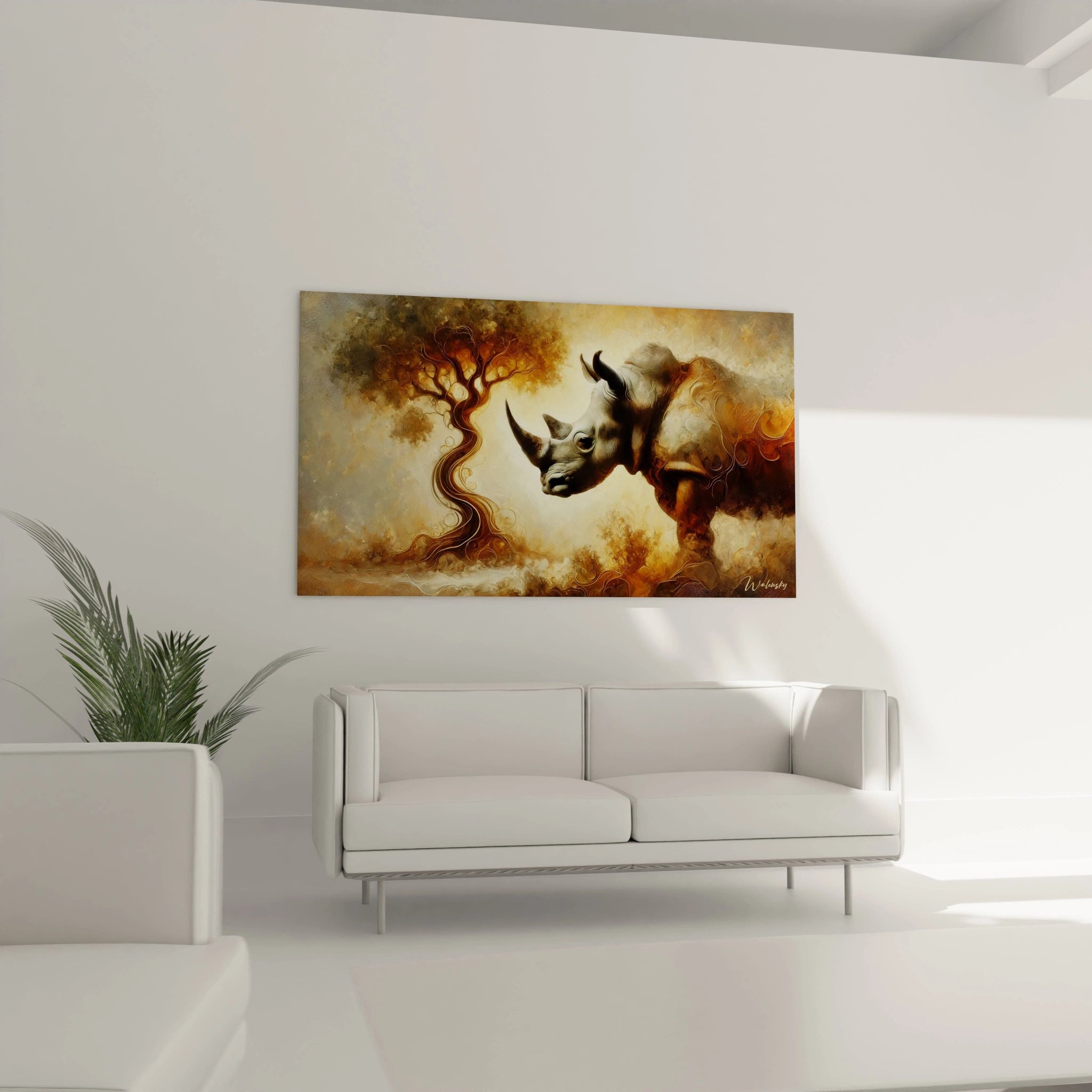 Dans votre salon, ce tableau rhinoceros au-dessus du canapé devient un point focal saisissant. Un mariage subtil entre réalisme et abstraction, il reflète une connexion profonde avec la nature.