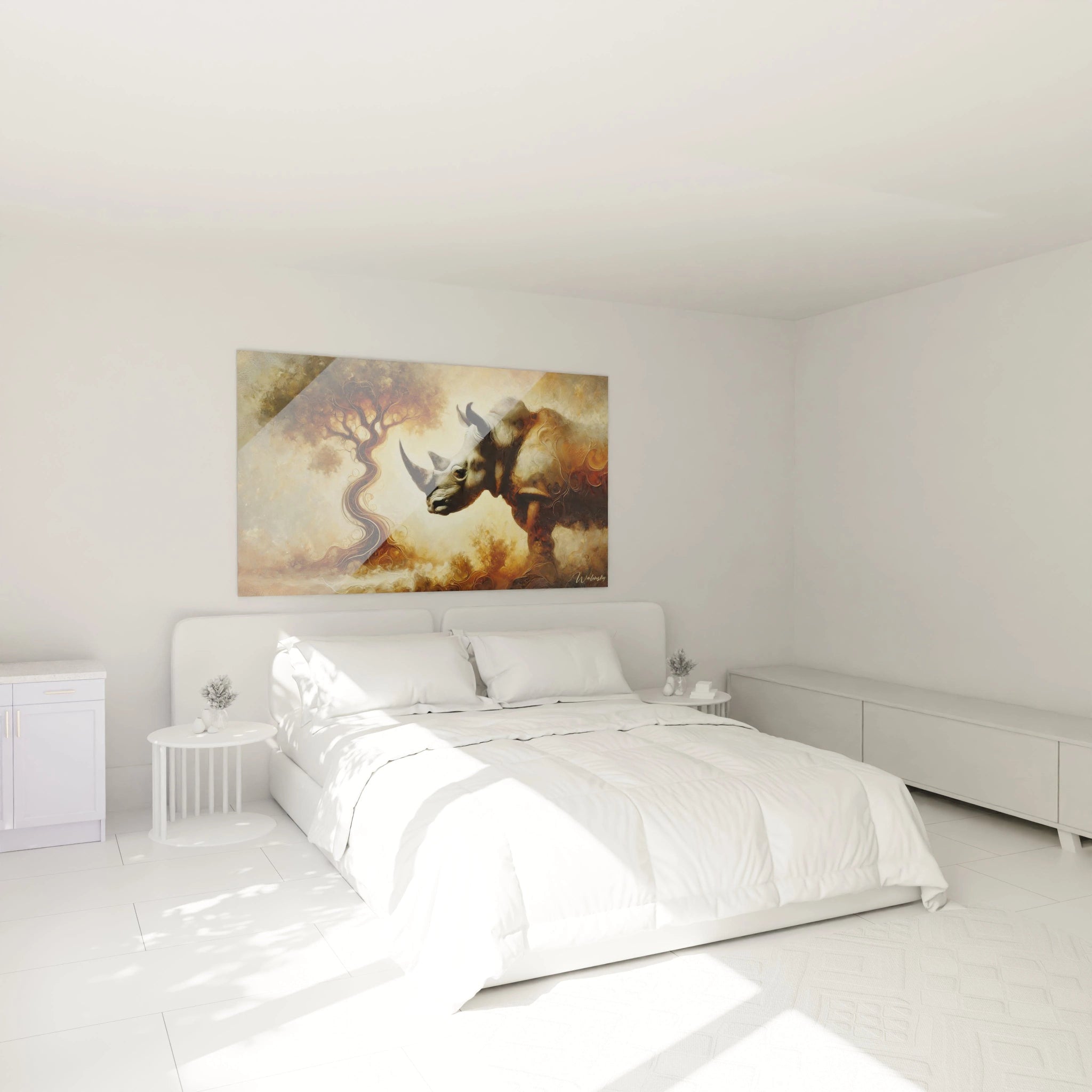 Ce tableau rhinoceros apporte un charme unique à votre chambre, suspendu au-dessus du lit. L'œuvre capture la puissance naturelle de l'animal dans un environnement abstrait, alliant force et harmonie.