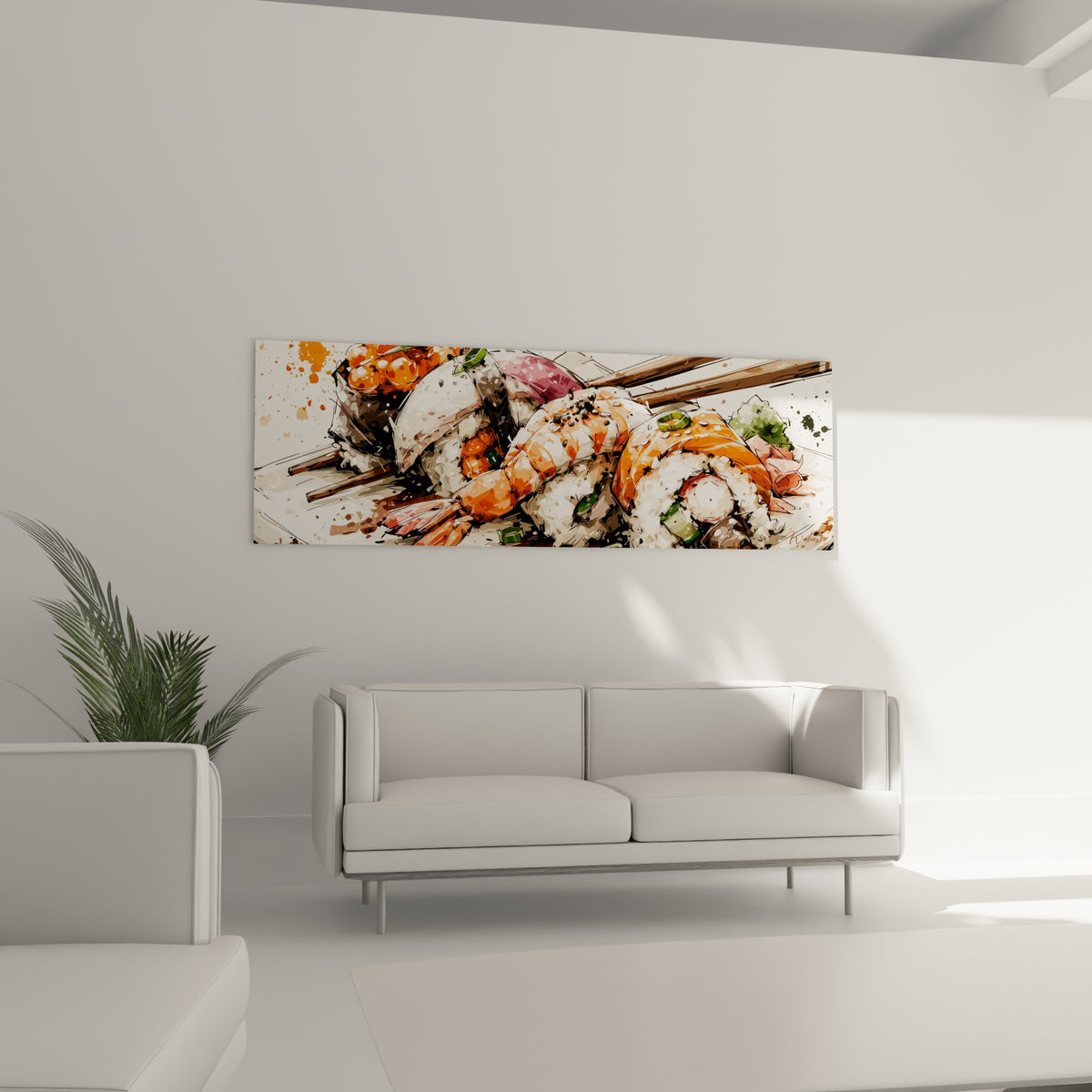 Crevette orangée et riz blanc du tableau sushi disposés au-dessus d'un canapé dans un salon lumineux