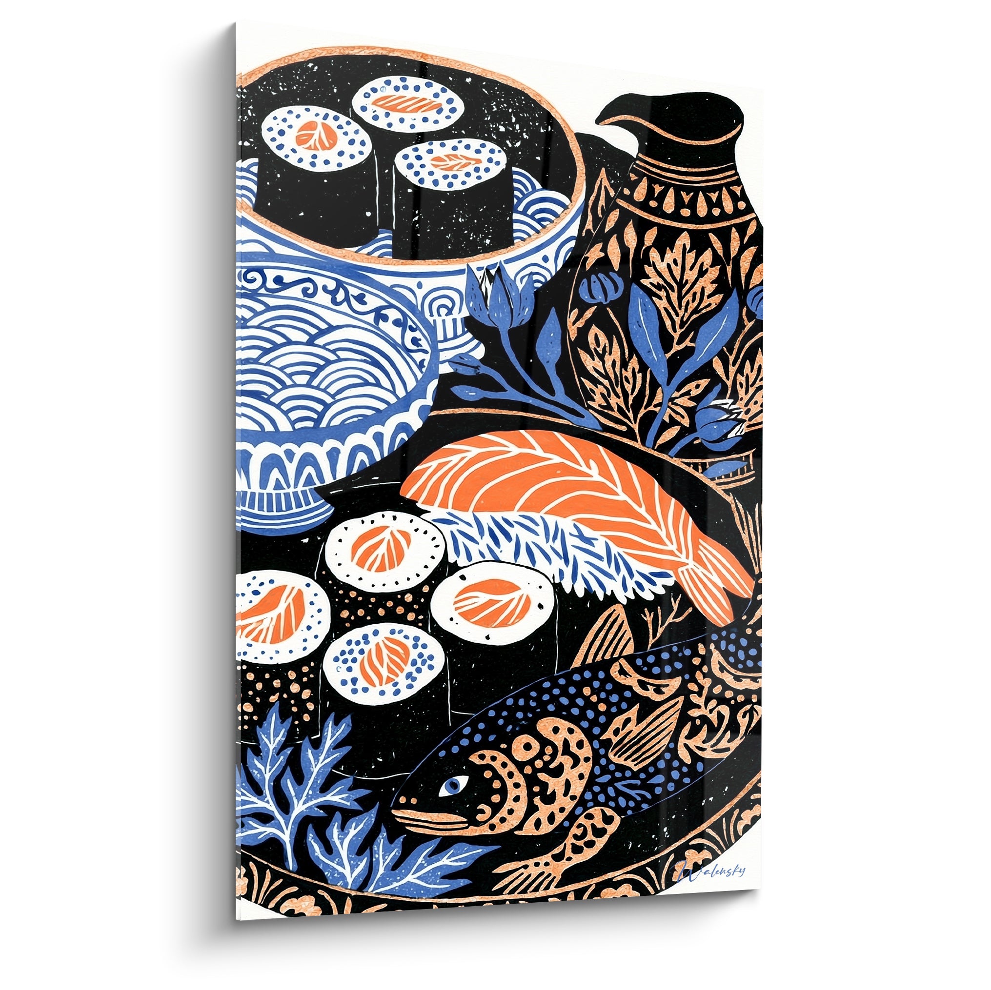 Nature morte sushi bleu marine et orangé, bols de porcelaine et poisson décoratif stylisé