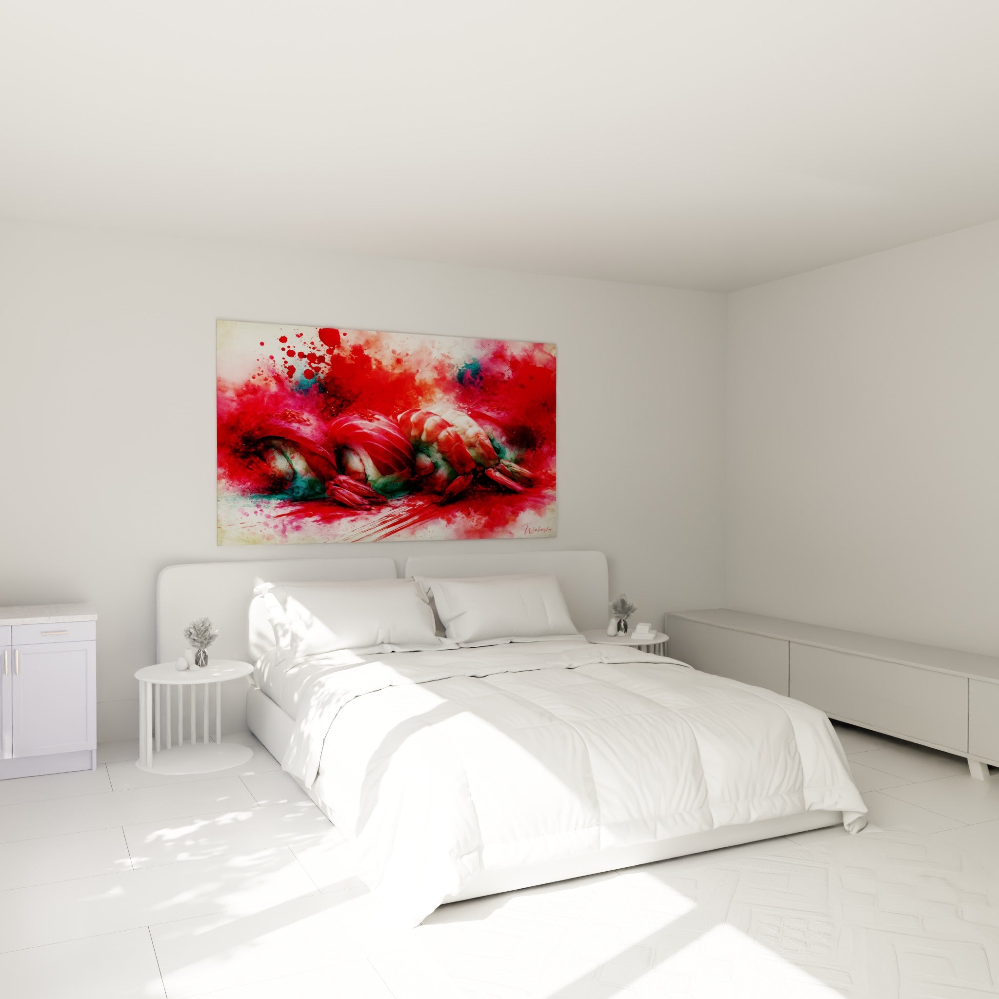 Crevettes et sushi rouge et bleu pétrole accrochés au-dessus d'un lit dans une chambre claire