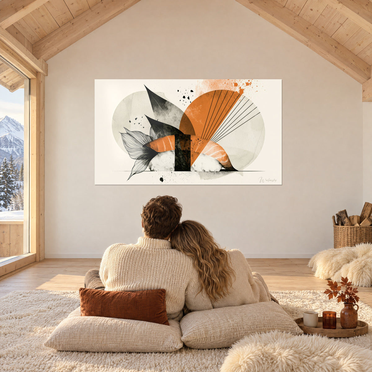 Tableau sushi graphique, saumon orange, algue noire, rayons fins sur cercle beige, couple de dos assis sur des coussins, chalet