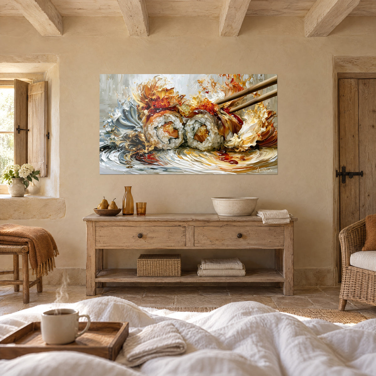 Tableau baguettes en bois sur deux sushis aux œufs rouges, vagues blanches et ocre, accroché au-dessus d'un lit dans une chambre claire