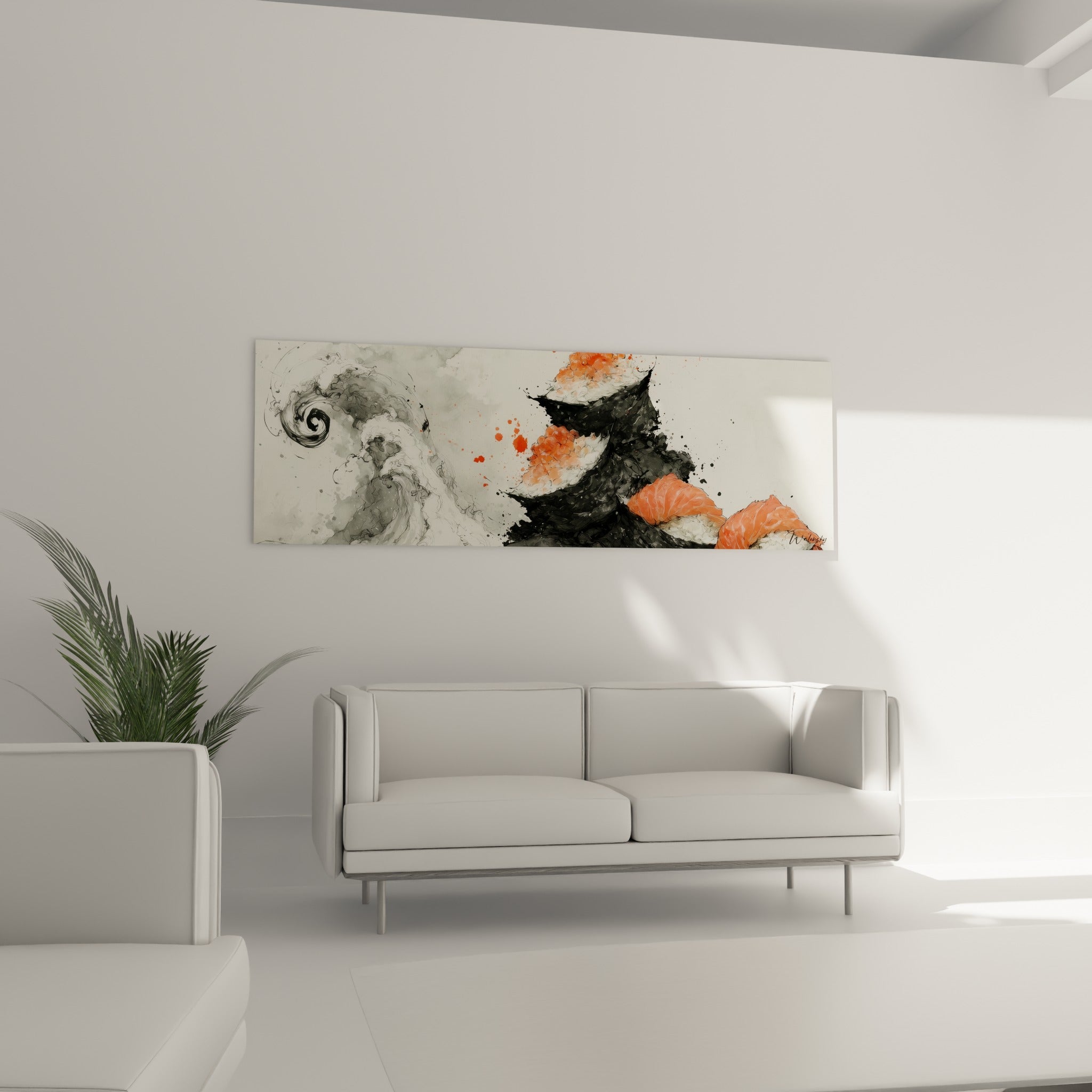 Rouleaux de nori sombres et saumon orangé au-dessus d'un canapé dans un salon lumineux