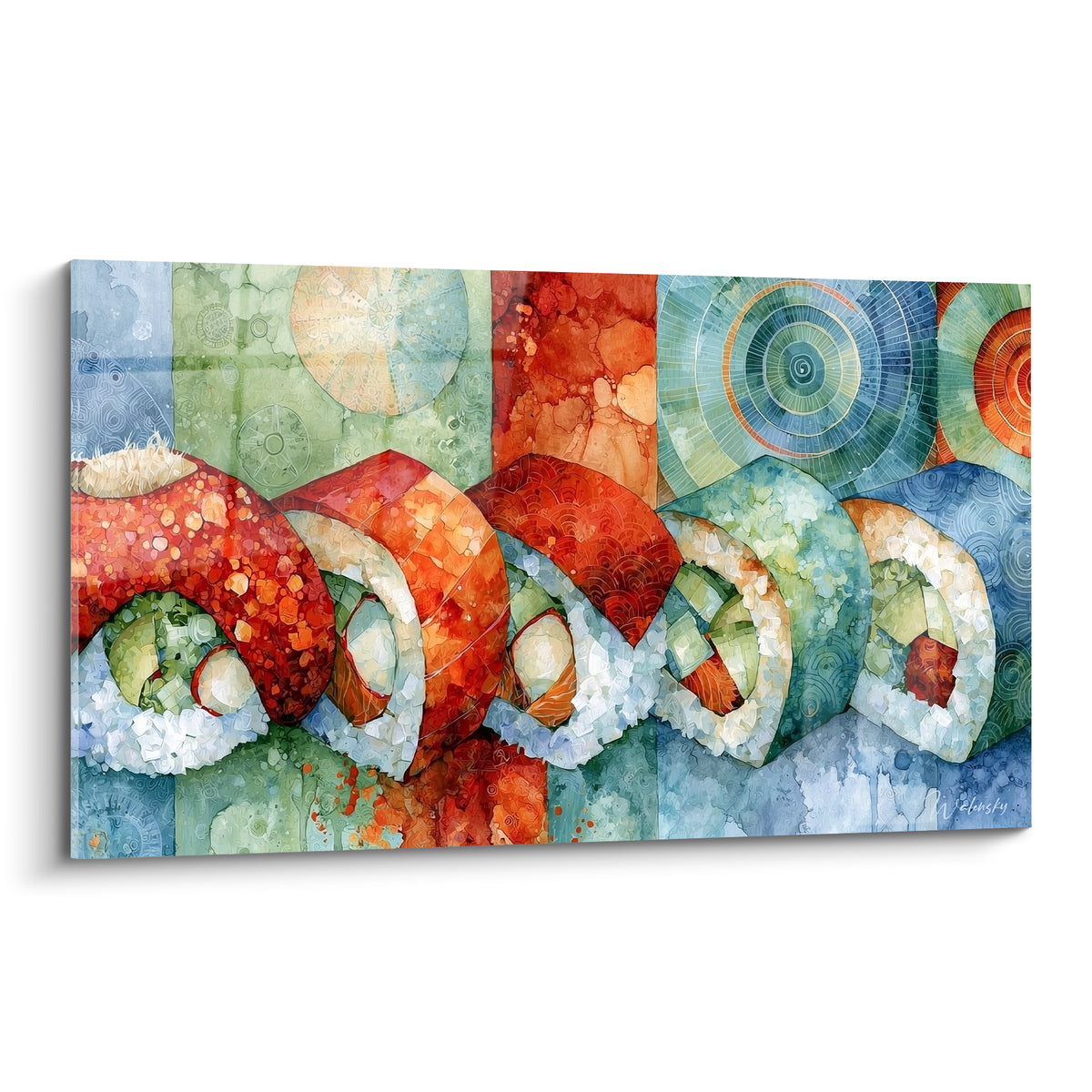 Sushis empilés en corail et vert sauge, composition aquarelle aux motifs circulaires bleutés
