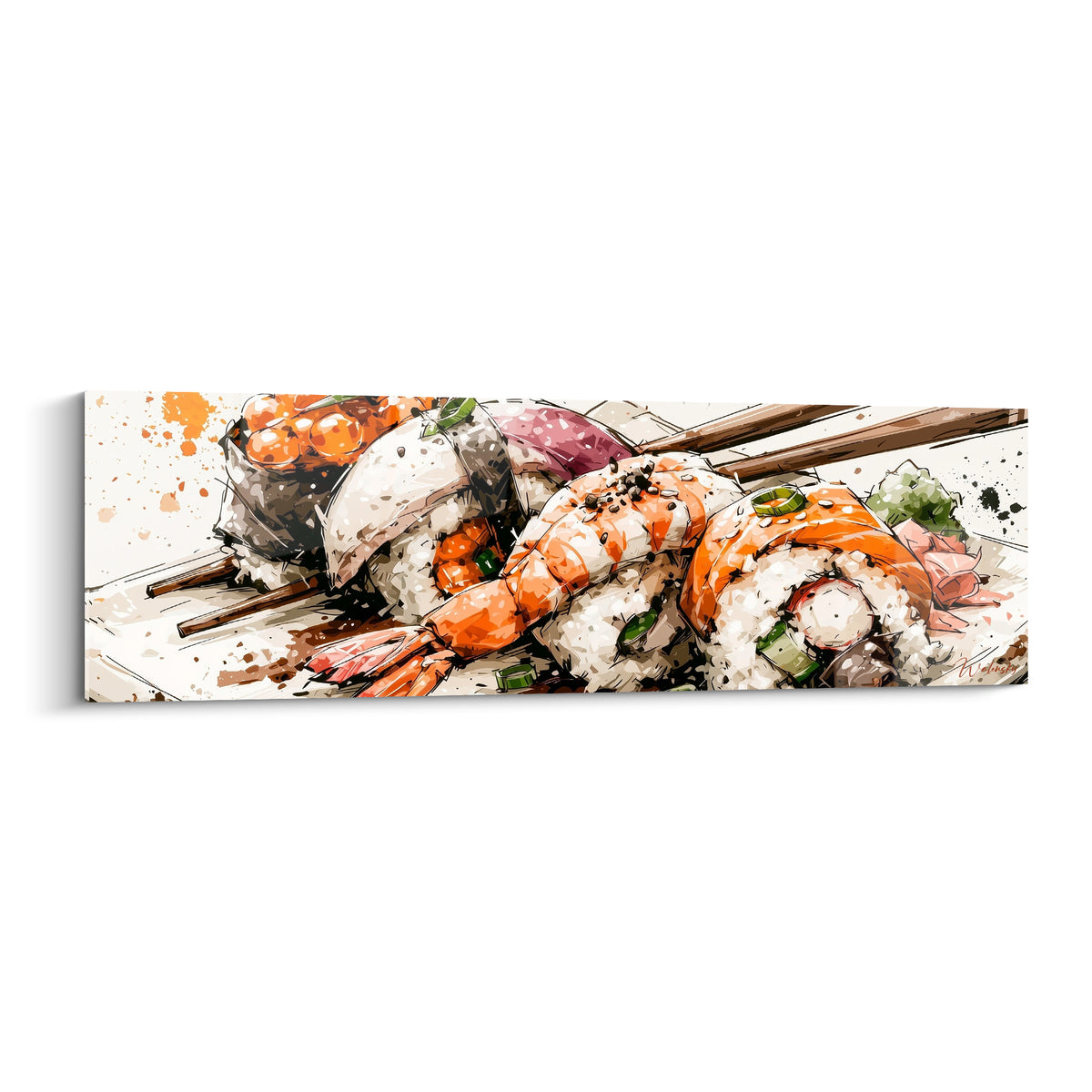 Sushi orangé et blanc, rolls de saumon et crevette dressés avec baguettes en bois