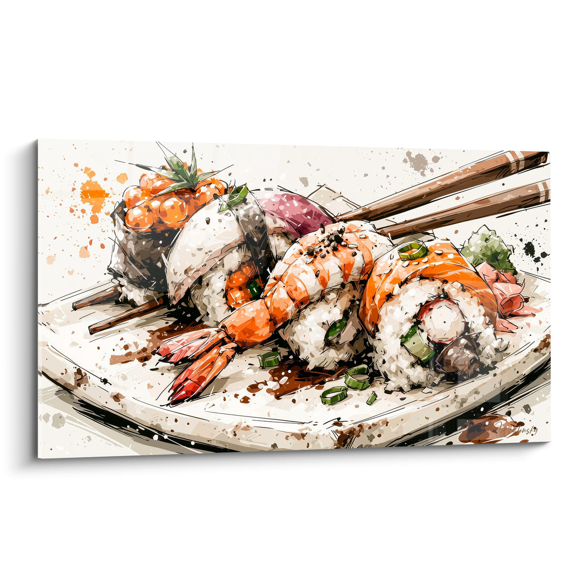 Rouleaux de sushi orange et blanc avec crevette tempura, éclaboussures brunes en aquarelle expressive