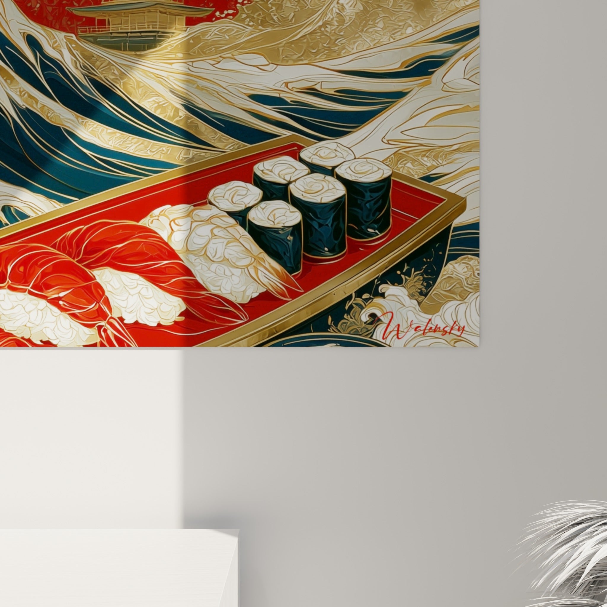 Détail des empâtements dorés et de l'écume blanche crémeuse sur fond bleu marine et rouge profond