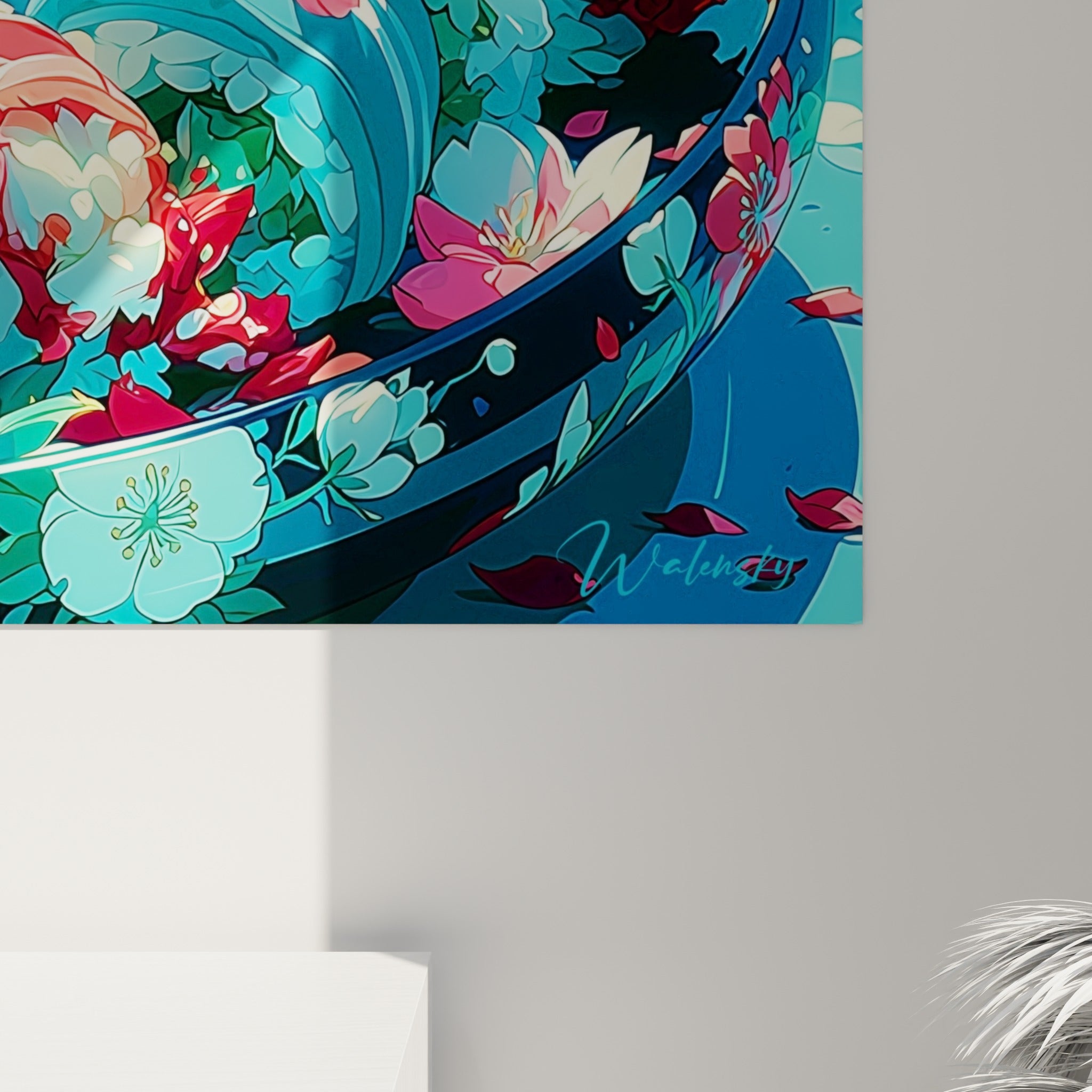 Détail du riz blanc soufflé et des œufs de poisson rouges avec fleurs de cerisier roses sur la toile